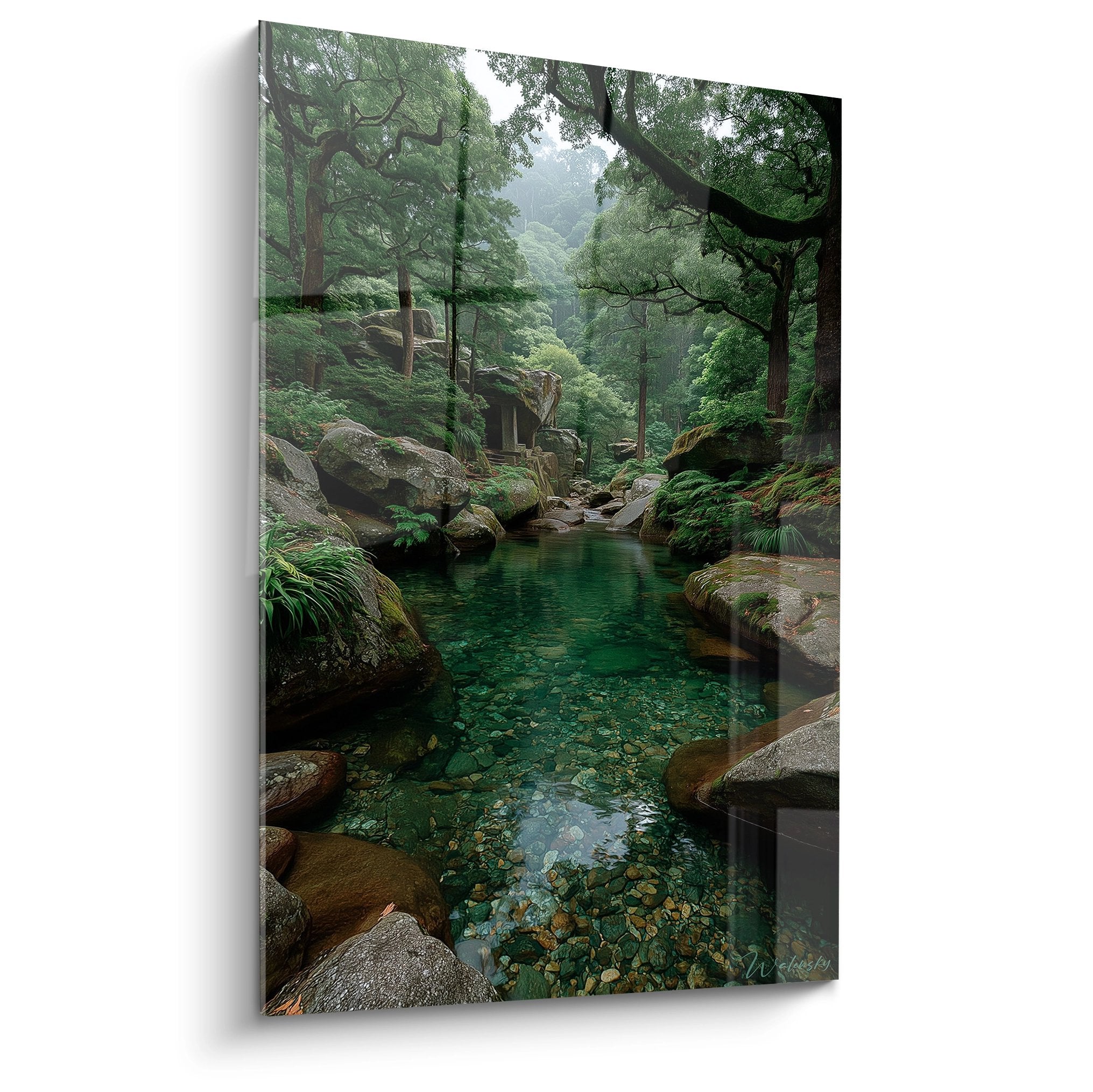 Tableau mural bassin naturel aux eaux cristallines dans forêt tropicale avec rochers moussus et végétation luxuriante