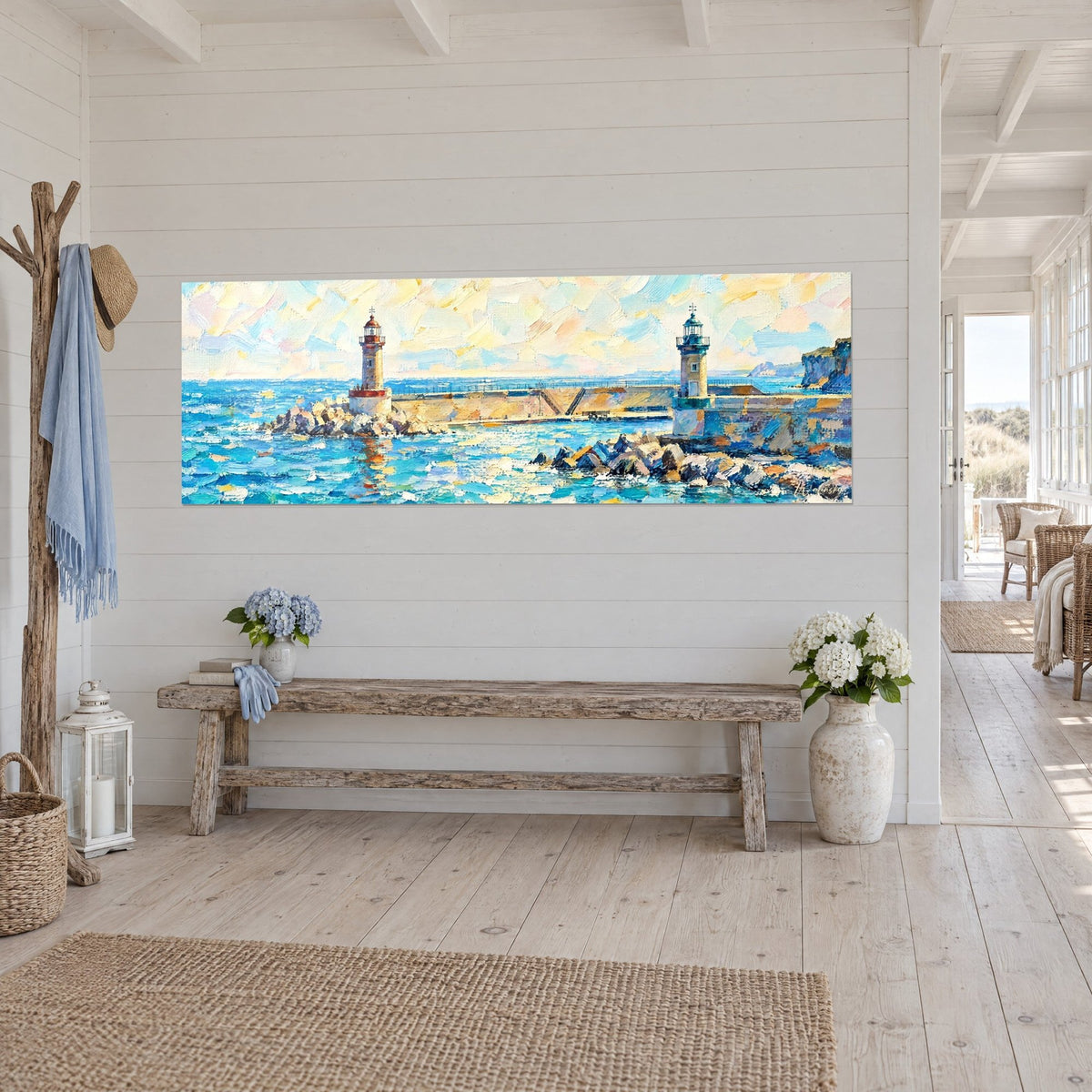 Tableau jetée de pierre entre deux tours blanches, eau bleue éclaboussée de touches ocre, dans une entrée en bord de mer