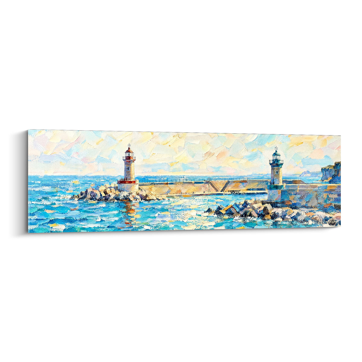 Tableau phares rouge et blanc de Bastia Corse France encadrant une jetée sur mer turquoise peinte