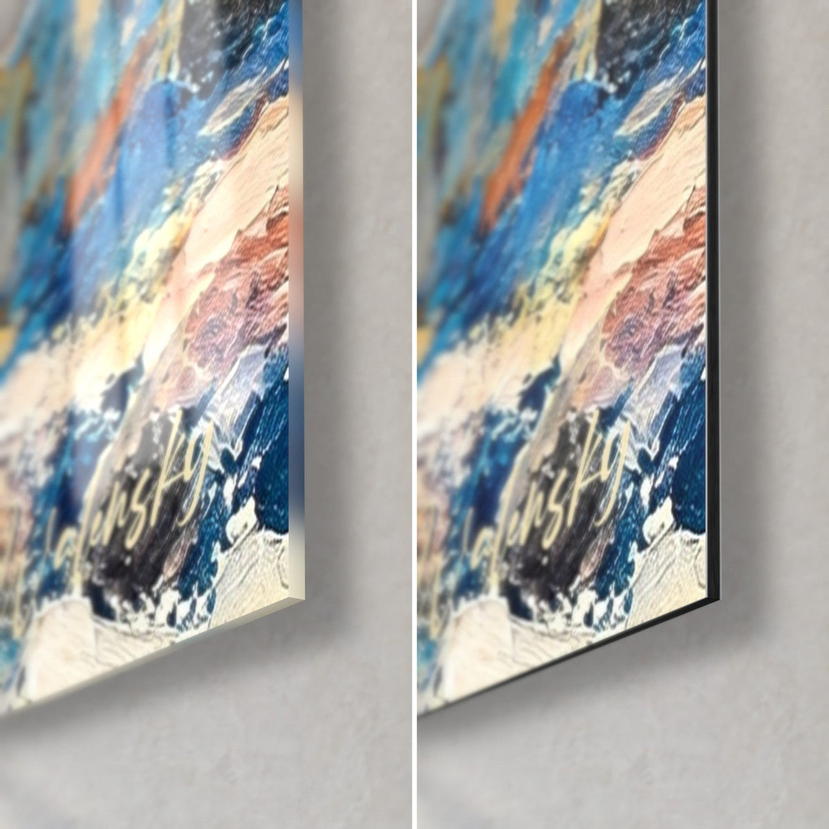 Tableau empâtements bleu cobalt et corail sur verre brillant à gauche, Dibond mat à droite, tranche de 3 mm nette