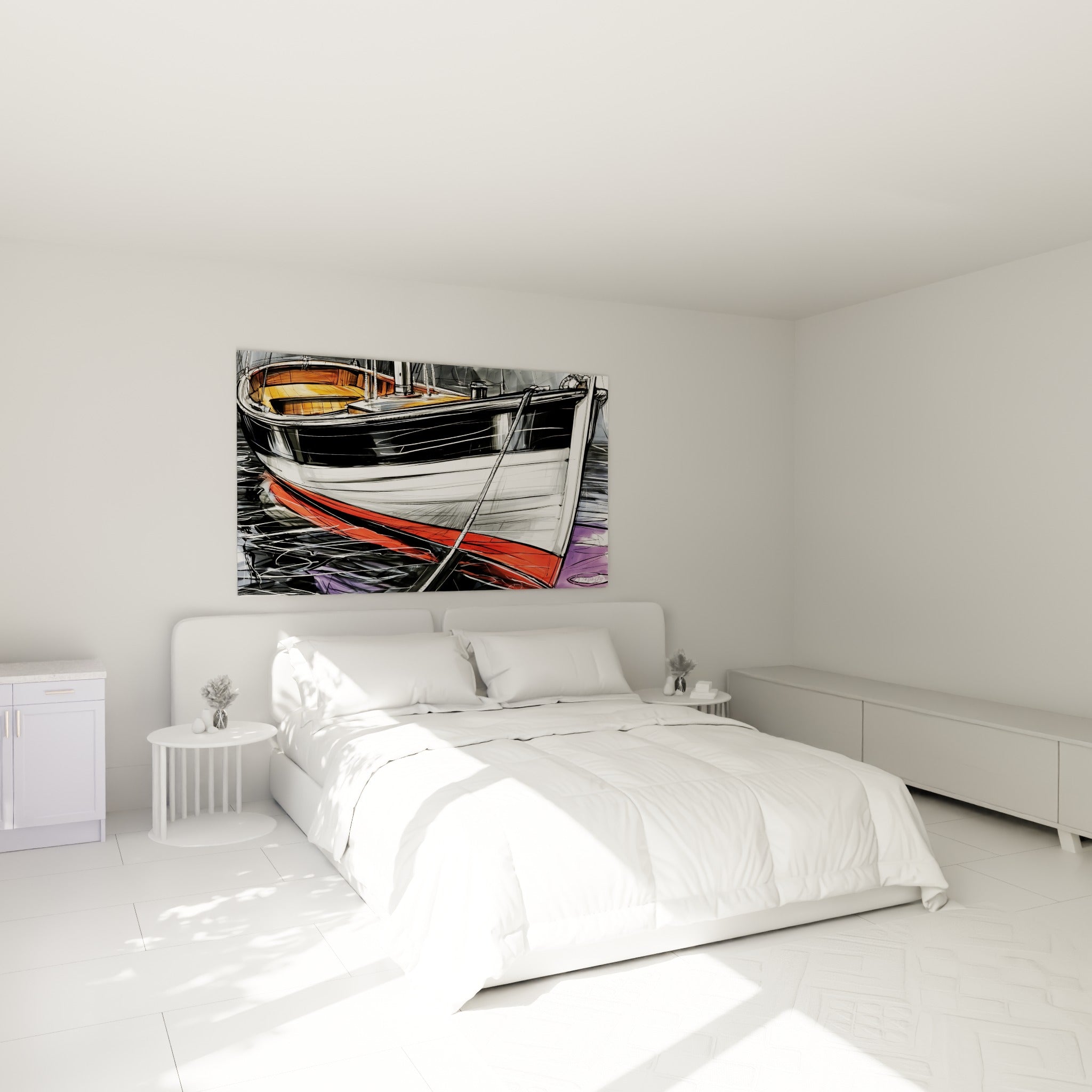 Coque rouge et noire d'un bateau abstrait au-dessus d'un lit dans une chambre claire