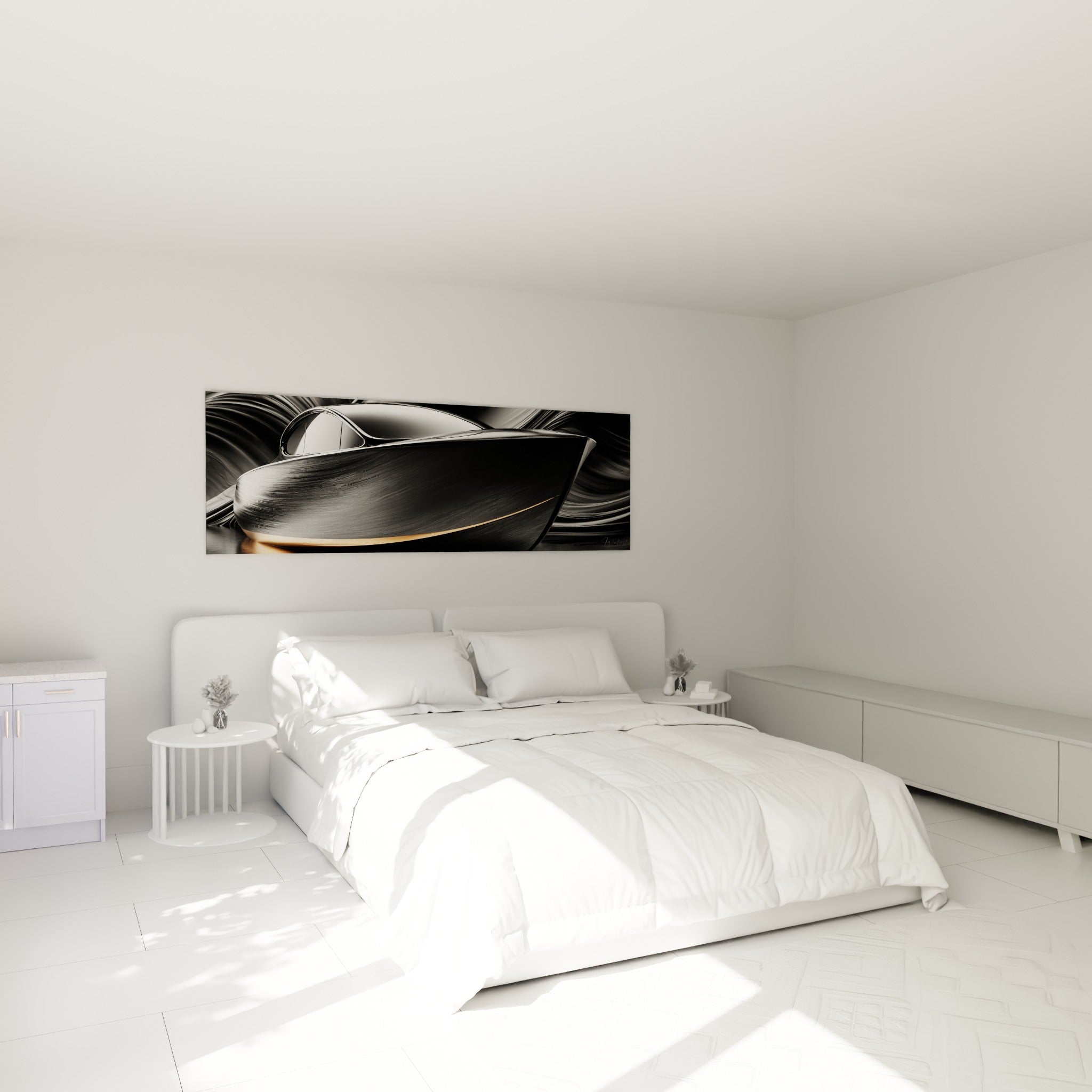 Silhouette effilée d'un bateau anthracite et argenté, au-dessus d'un lit dans une chambre claire