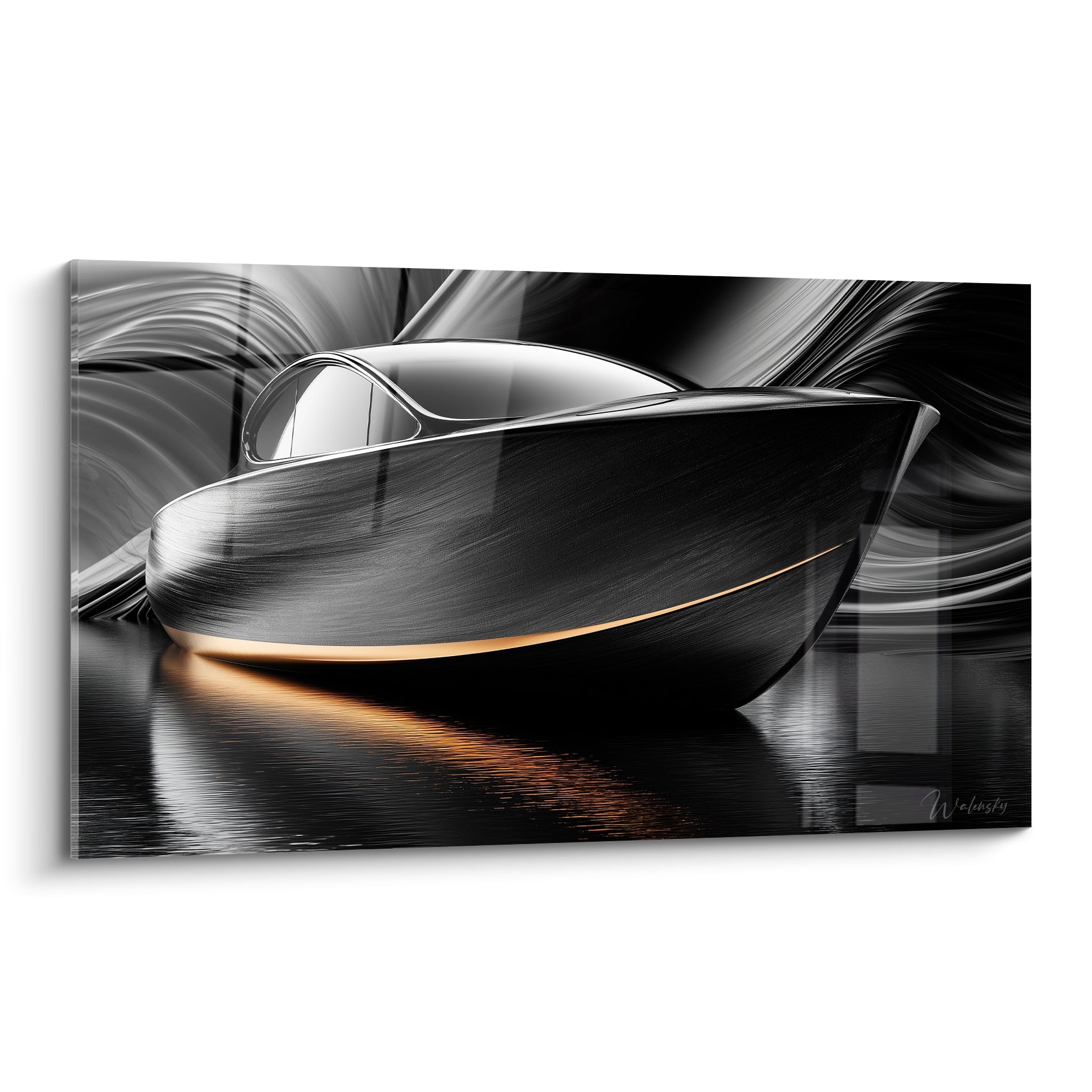 Bateau abstrait anthracite et doré, coque brossée sculpturale sur fond de vagues grises tourbillonnantes