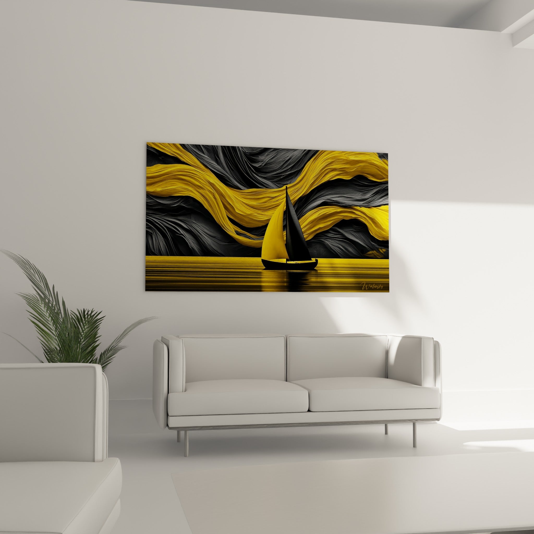 Petit voilier sombre voguant sur une eau dorée, œuvre jaune et noire au-dessus d'un canapé dans un salon lumineux
