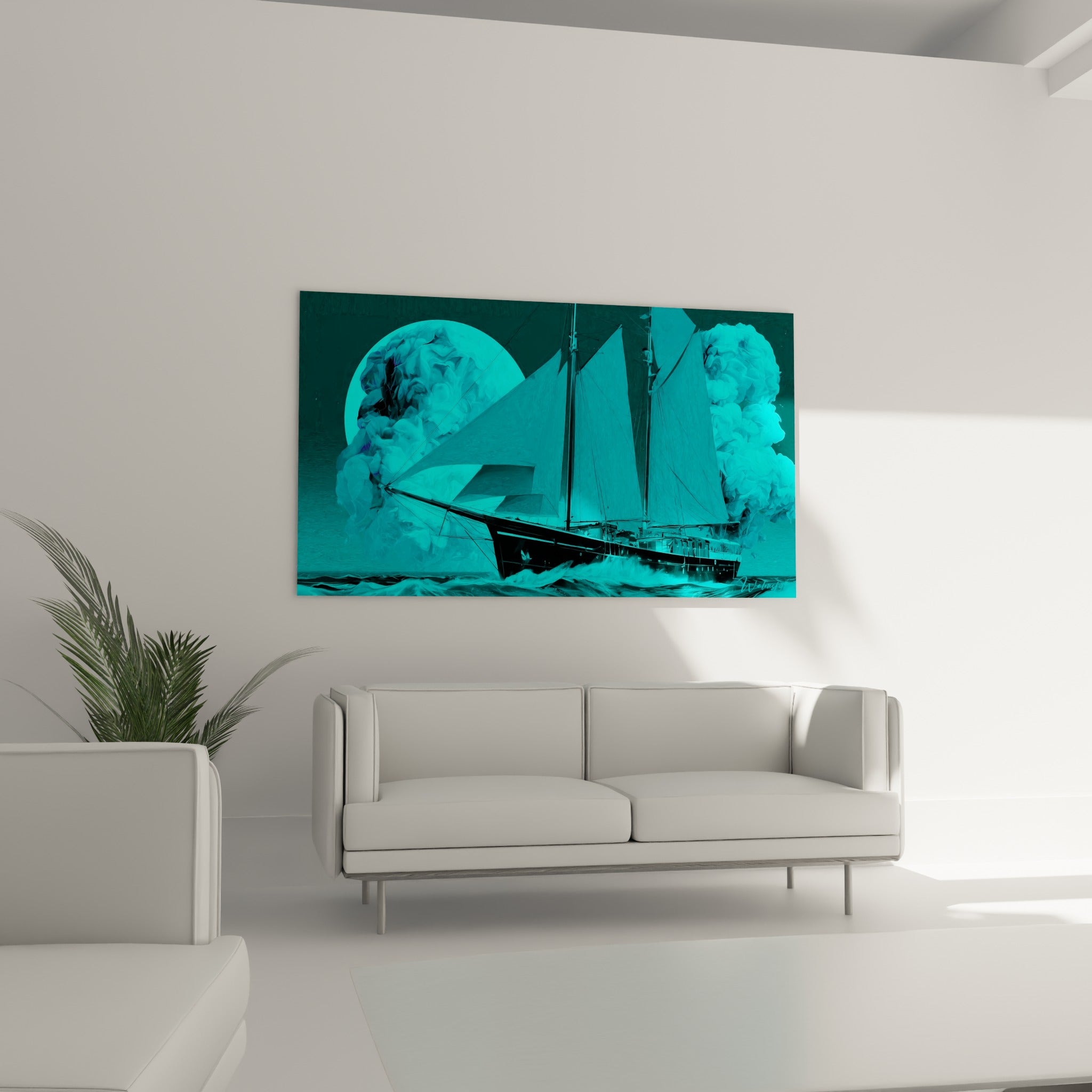 Bateau abstrait turquoise et anthracite fendant les vagues, au-dessus d'un canapé dans un salon lumineux