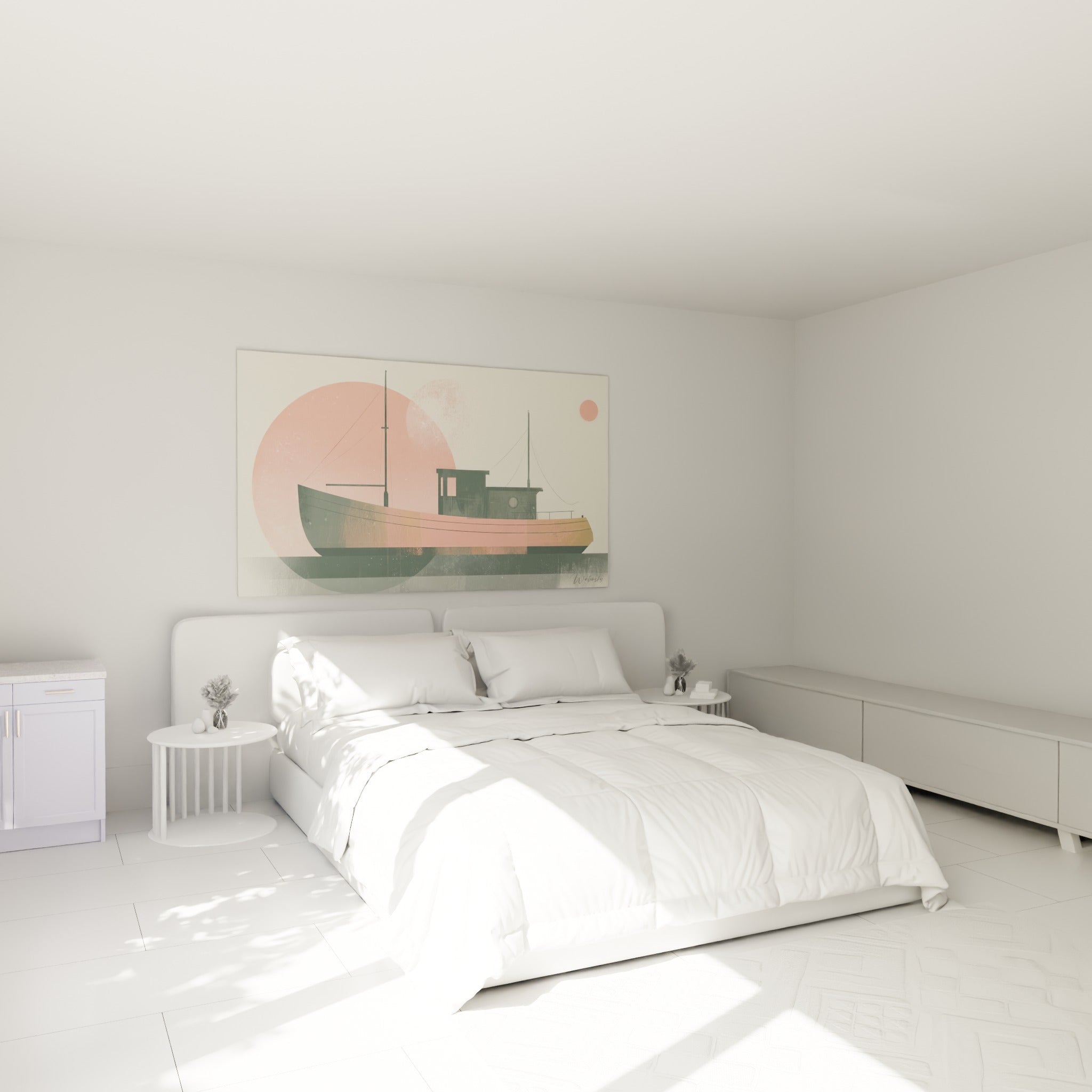 Silhouette de bateau corail et beige sable au-dessus d'un lit dans une chambre claire