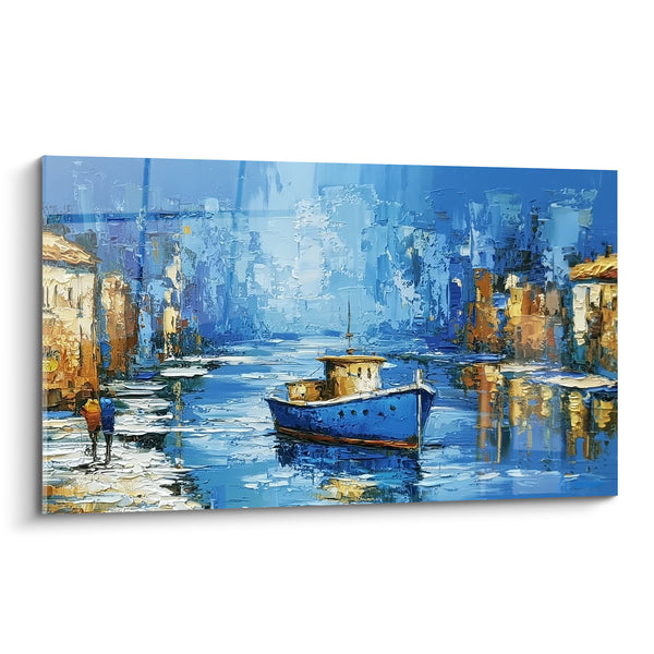 Cuadro Barco azul y dorado sobre un canal - Paseo a lo largo del agua - Edición Barco abstracto