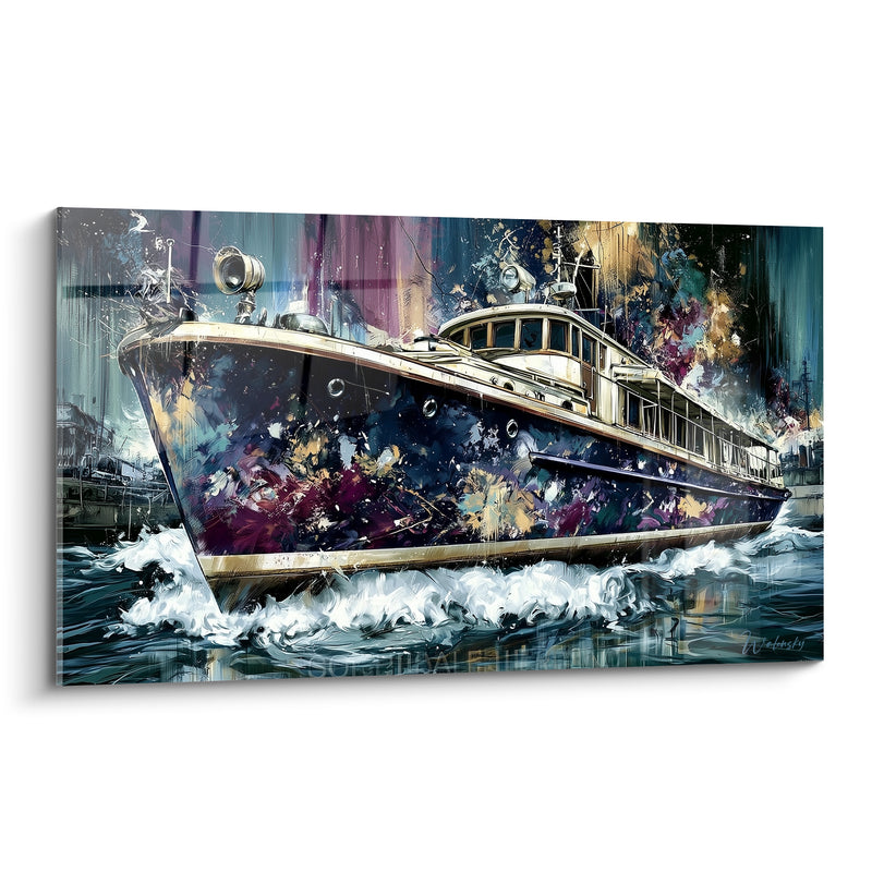 Tableau Yacht bleu marine aux éclats dorés - Traversée fulgurante - Edition Bateau abstrait
