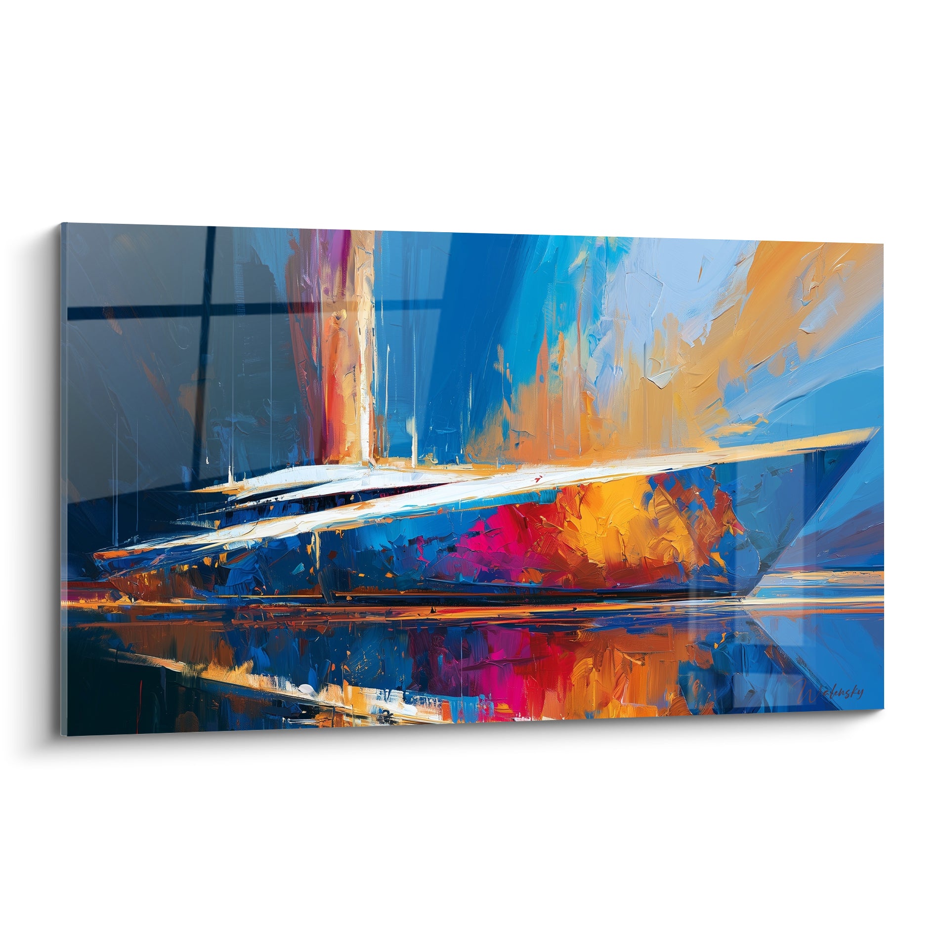 Voilier bleu marine et orange brûlé aux reflets fuchsia, peinture texturée au couteau sur canevas