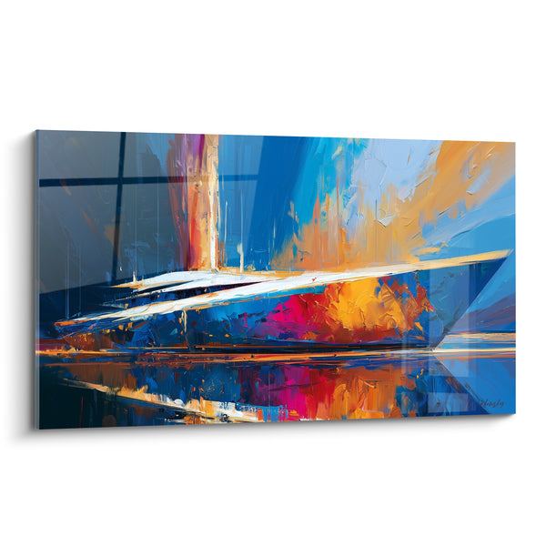 Sailing Boat Blue and Orange Sail with Single Mast - Fuchsia Reflection on Water - Abstract Boat Edition