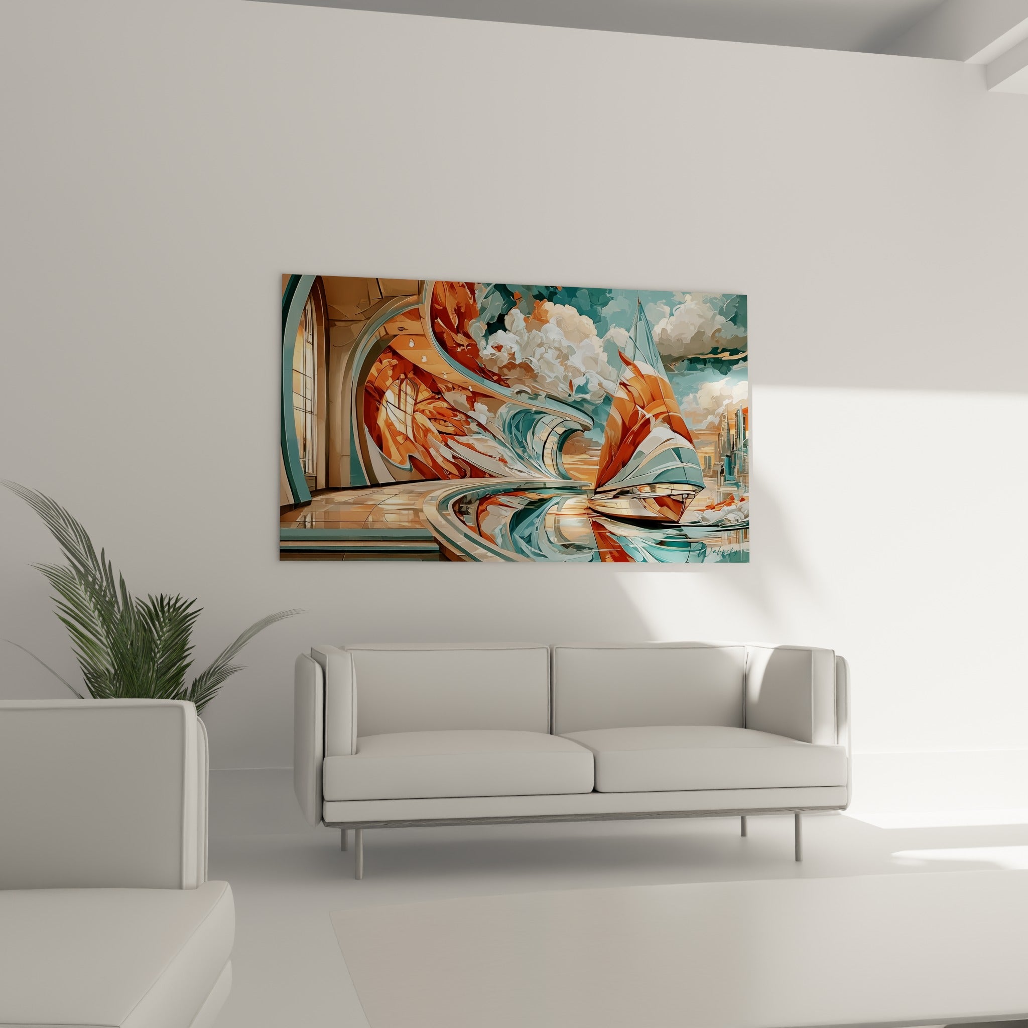 Bateau abstrait aux teintes terracotta et bleu sarcelle voguant vers l'horizon, au-dessus d'un canapé dans un salon lumineux
