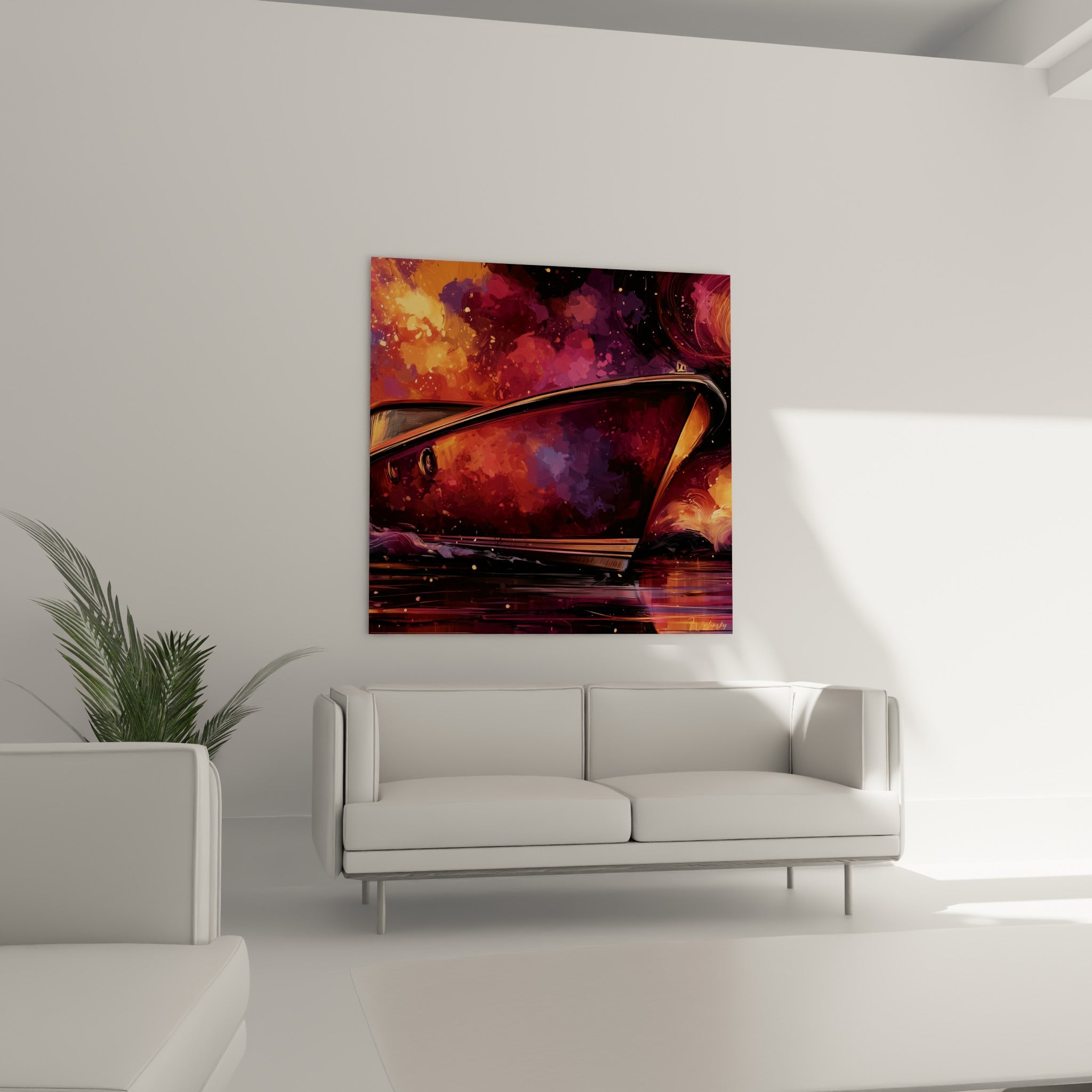 Coque de bateau abstrait bordeaux et orange sur mer nocturne, au-dessus d'un canapé dans un salon lumineux