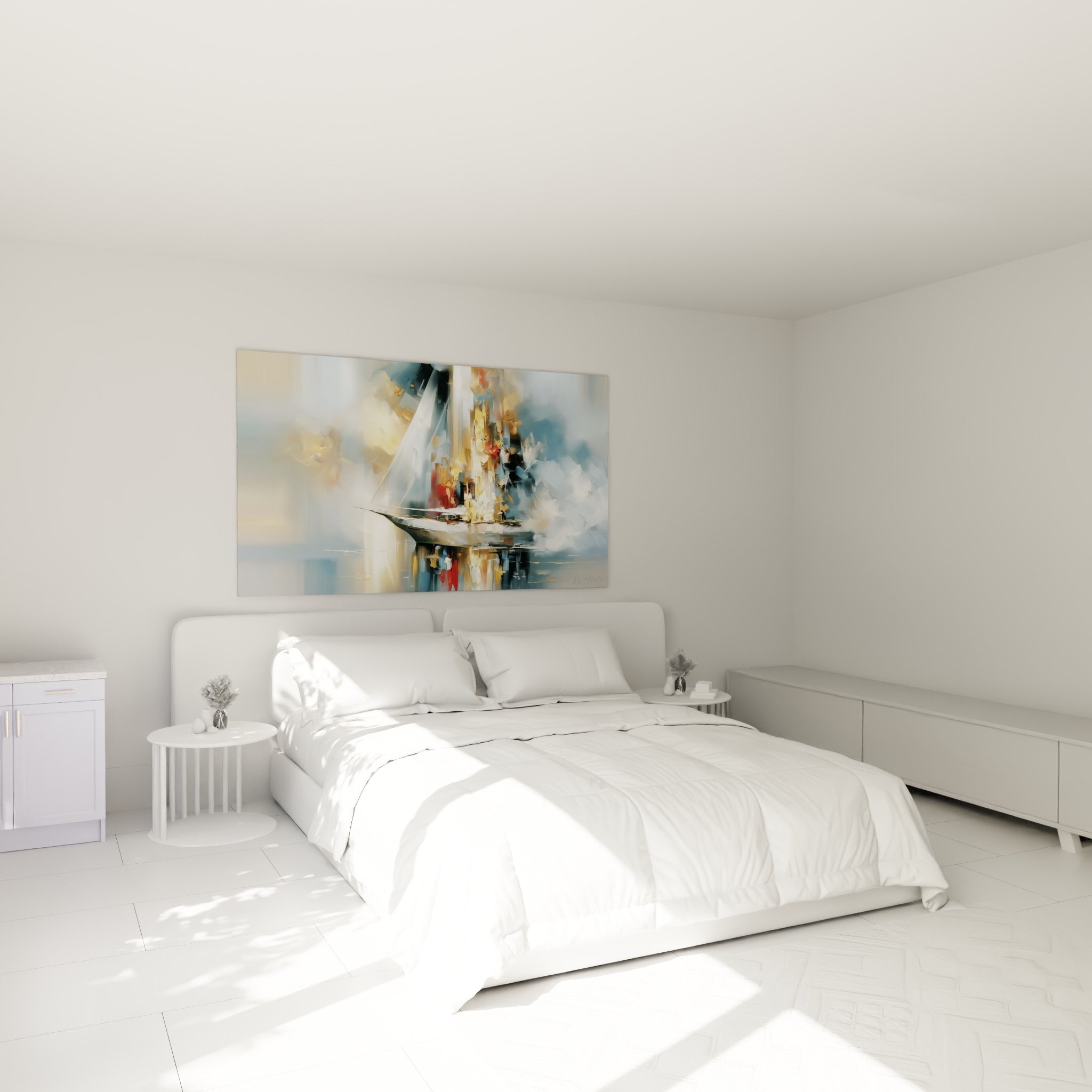 Silhouette de bateau abstrait doré et bleu marine au-dessus d'un lit dans une chambre claire
