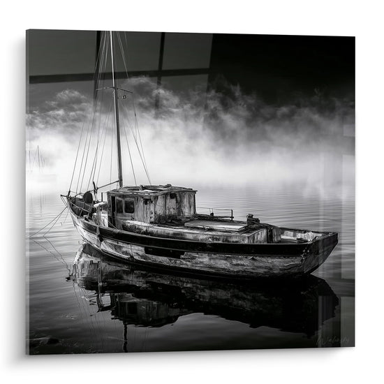 Vieux bateau abstrait gris et noir échoué dans une brume dense sur eau calme