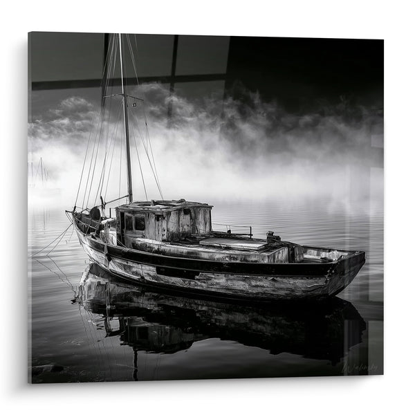 Painting Old gray and black boat in the mist - Silent shipwreck - Abstract Boat Edition