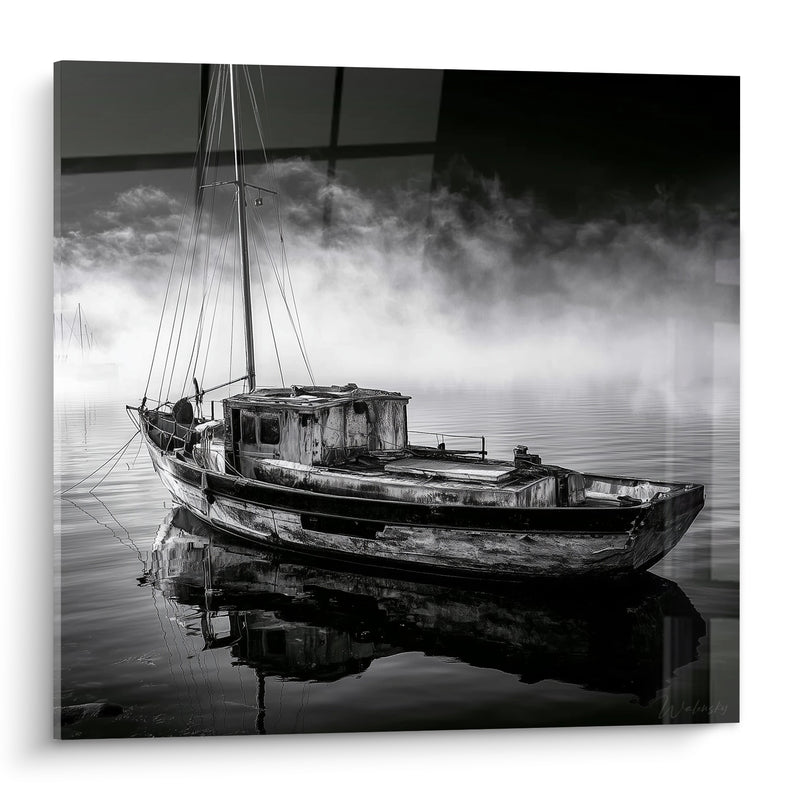 Tableau Vieux bateau gris et noir dans la brume - Épave silencieuse - Edition Bateau abstrait