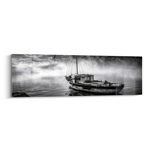 Old Fishing Boat in Mist Painting - Silence on the Water - Abstract Boat Edition