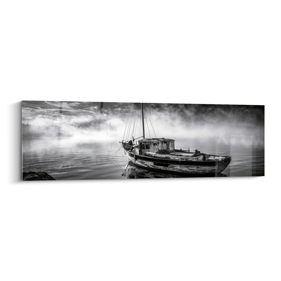 Gemälde Altes Fischerboot im Nebel - Stille auf dem Wasser - Abstrakte Bootsedition