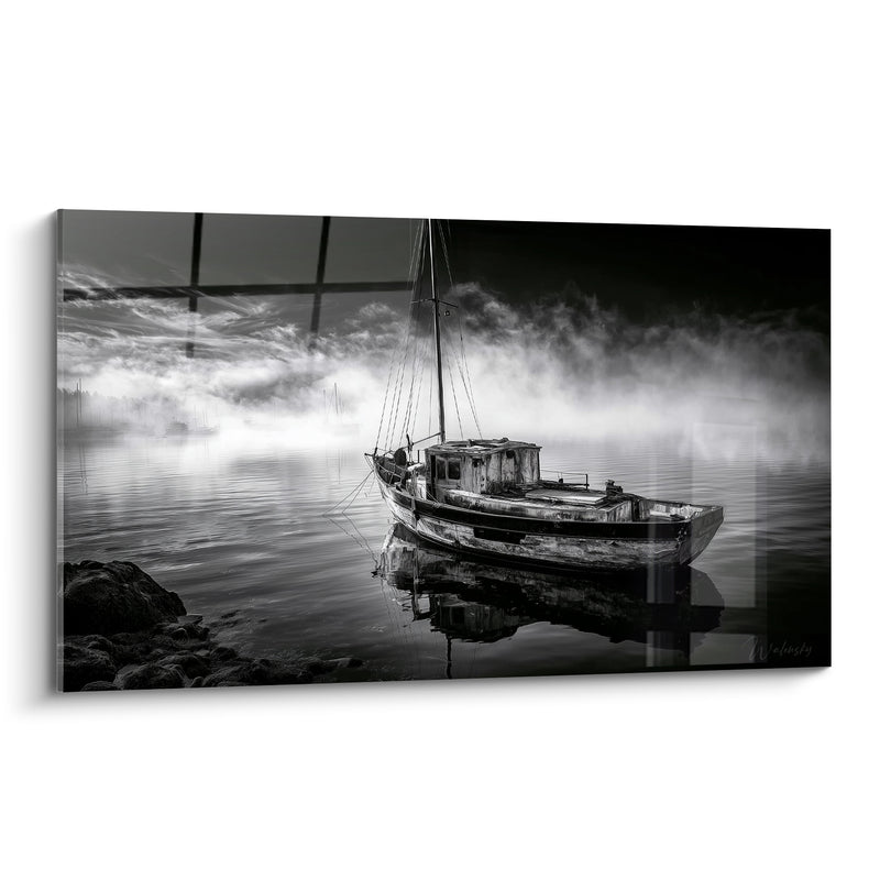 Tableau Vieux bateau noir et blanc dans la brume - Silence maritime - Edition Bateau abstrait