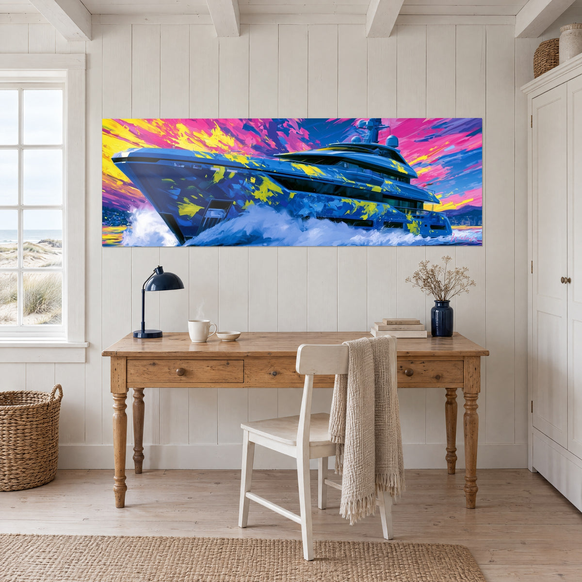 Tableau vedette de croisière aux touches jaune soleil sur coque bleue, ciel magenta, au-dessus d'un bureau en bois clair près d'une lampe
