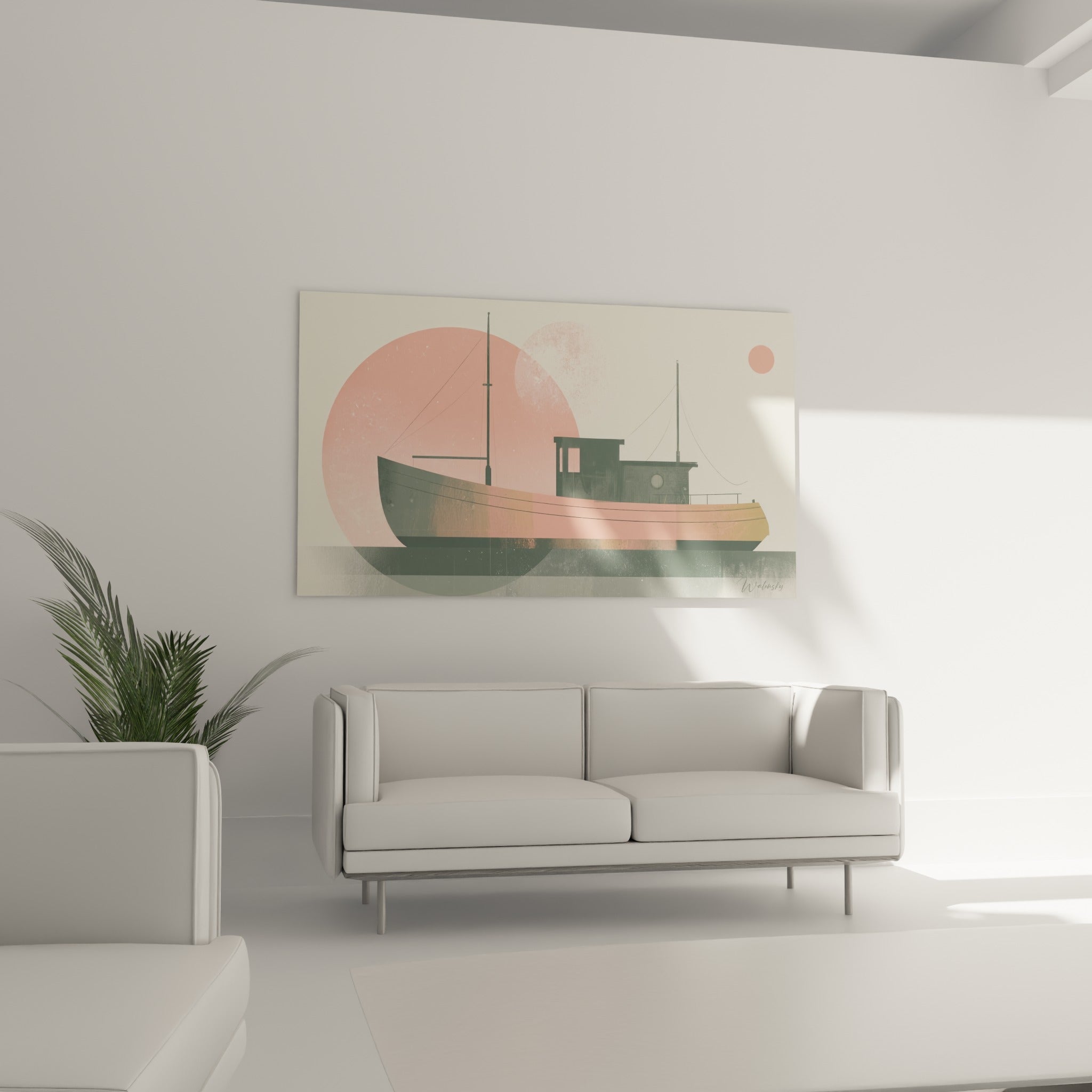Coque anthracite et corail d'un bateau graphique au-dessus d'un canapé dans un salon lumineux