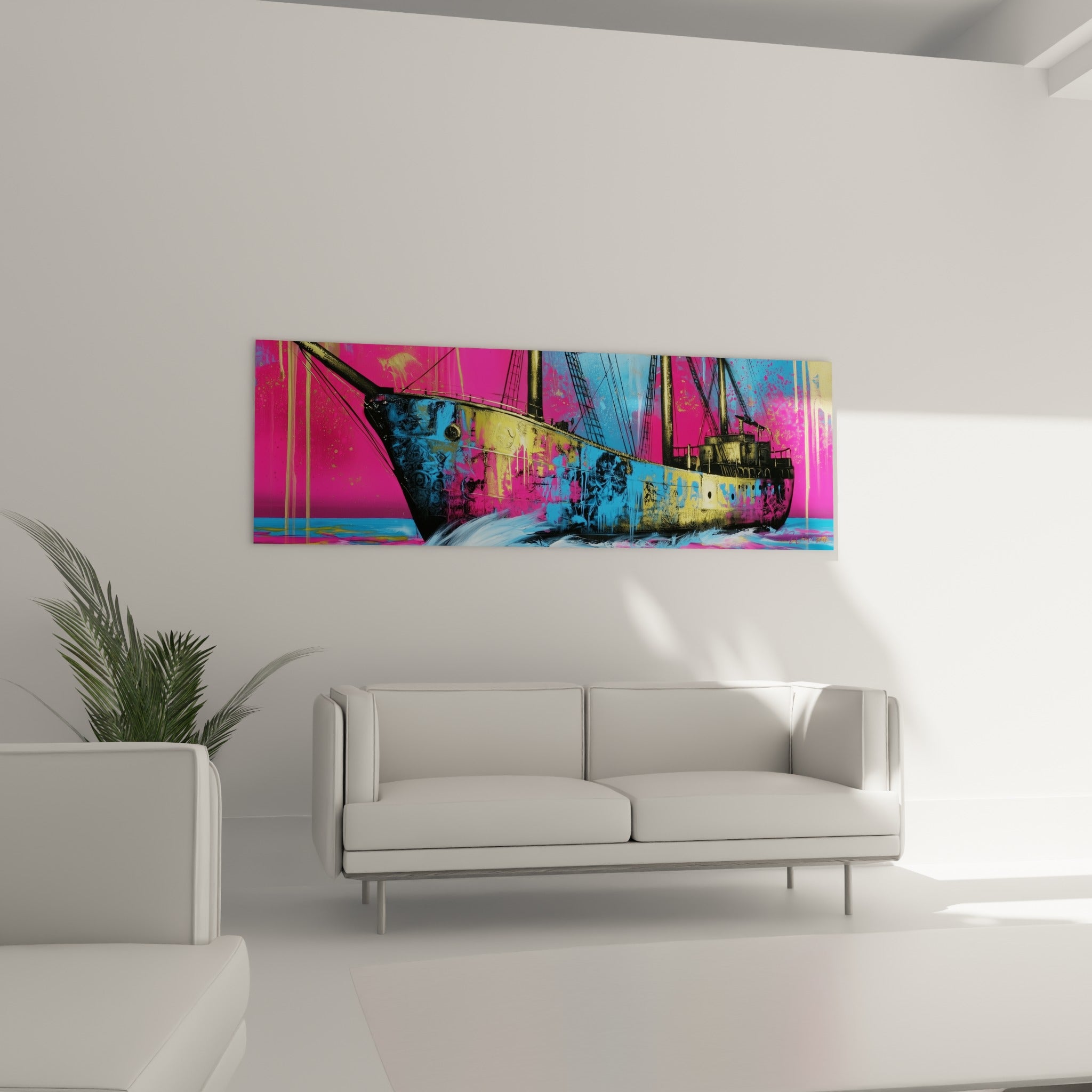 Silhouette de cargo rose fuchsia et bleu vif suspendue au-dessus d'un canapé dans un salon lumineux