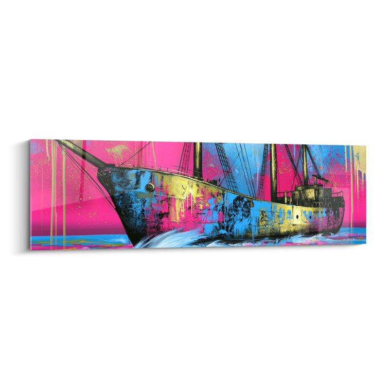 Tableau Chalutier rose et bleu à coulures dorées - Cheminées fumantes jumelles - Edition Bateau abstrait