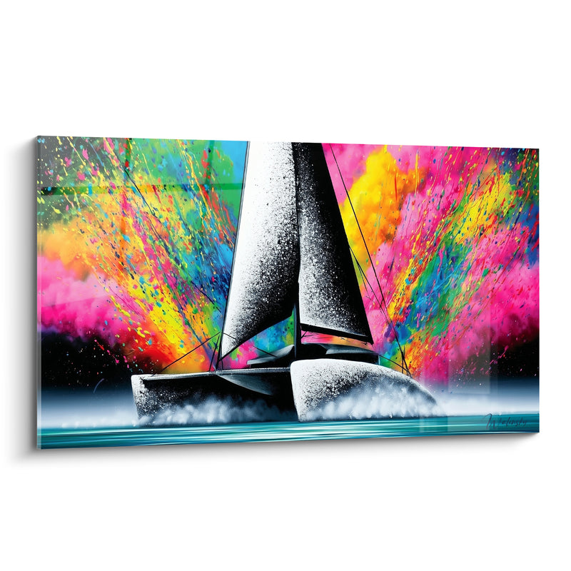 Tableau Catamaran noir et blanc explosion multicolore - Éclaboussure en pleine course - Edition Bateau abstrait