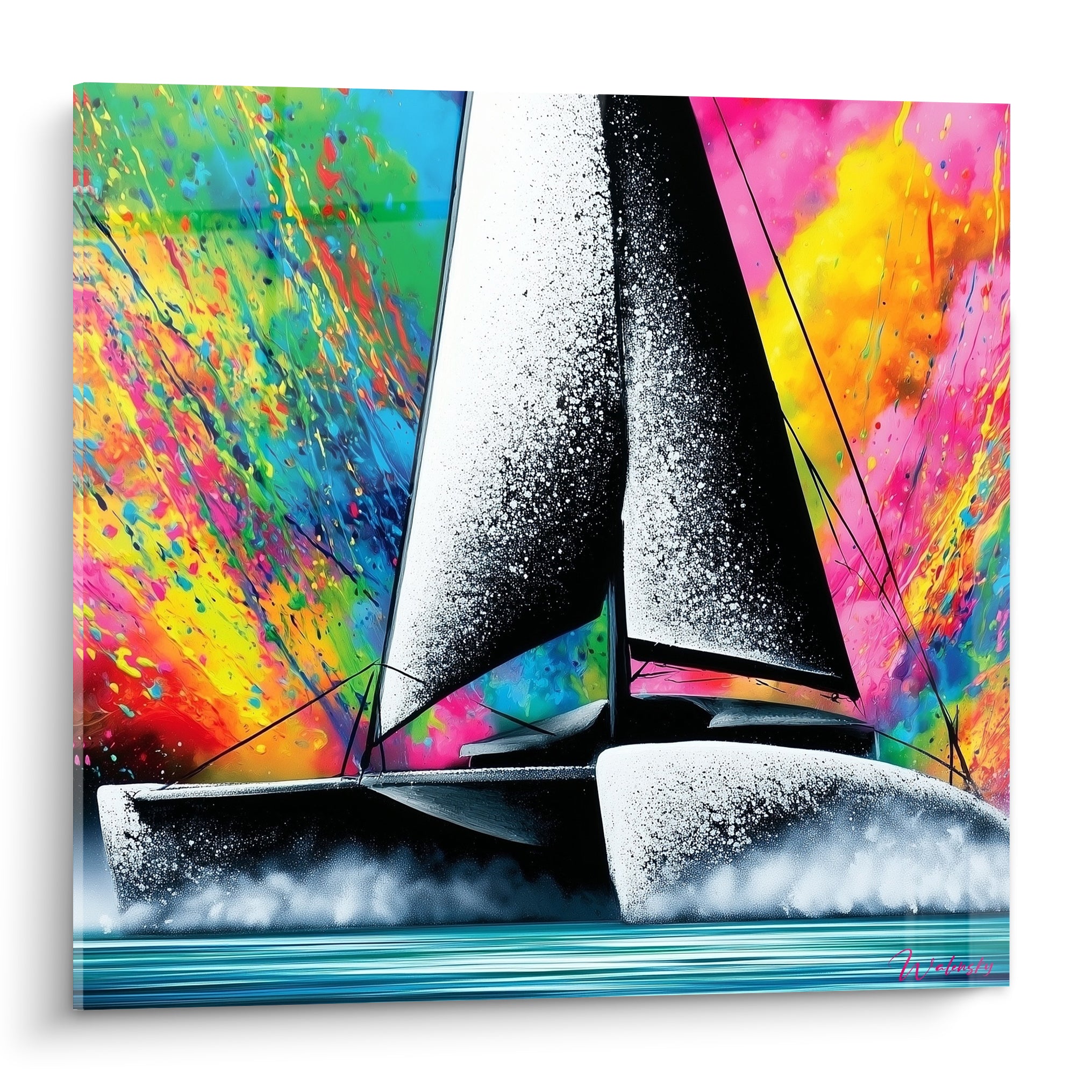 Catamaran aux voiles noires et éclaboussures roses, jaunes et turquoise sur toile