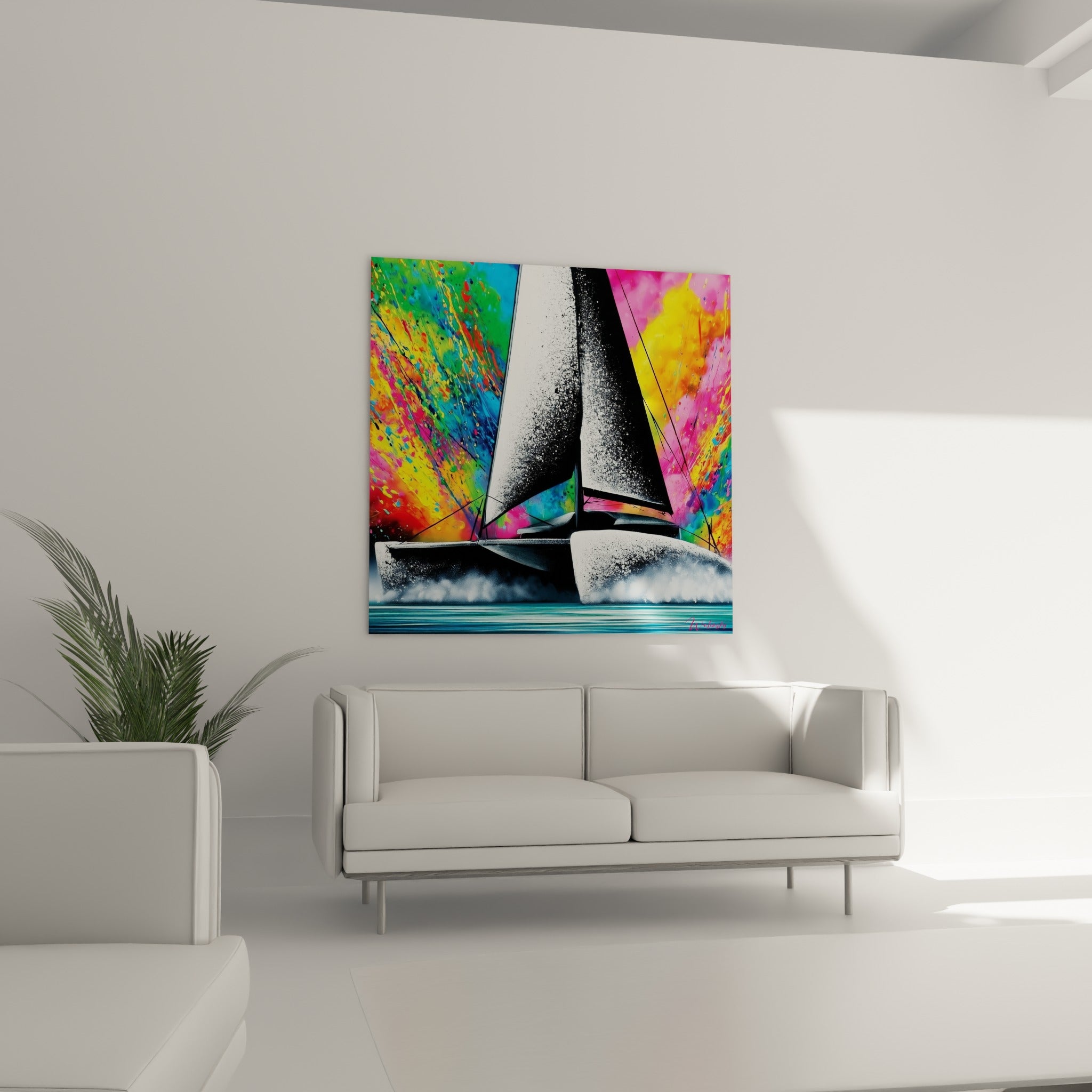Bateau catamaran anthracite sur éclats turquoise et rose au-dessus d'un canapé dans un salon lumineux