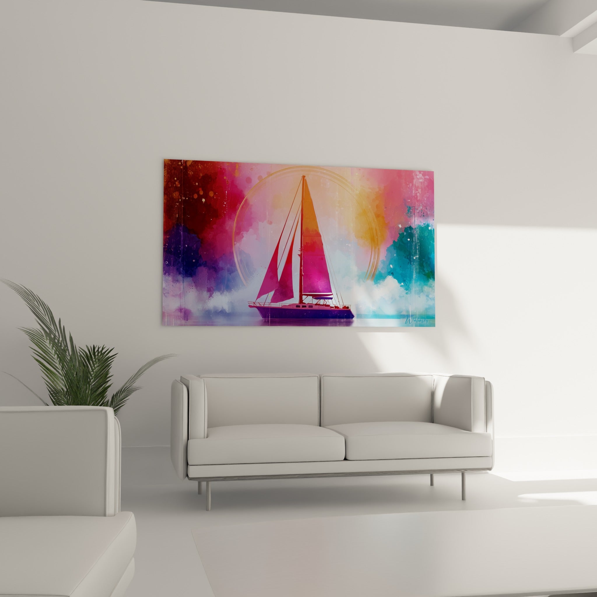 Bateau à voiles fuchsia et dorées sur fond violet vaporeux, au-dessus d'un canapé dans un salon lumineux