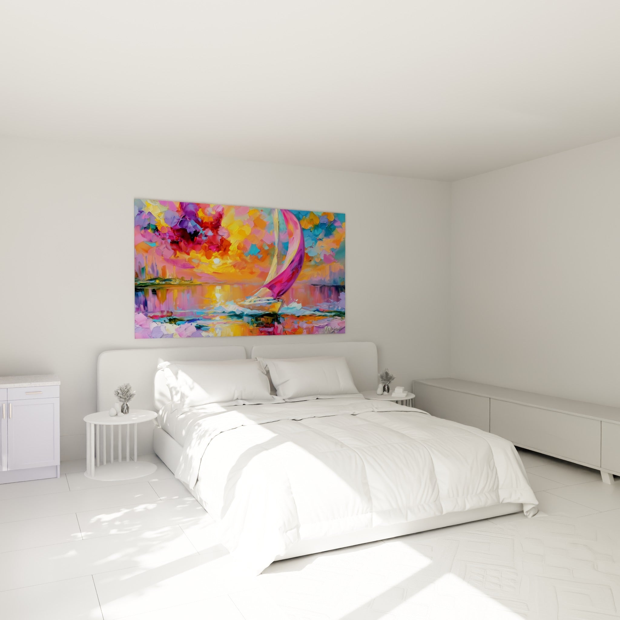 Bateau abstrait aux teintes violettes et dorées, accroché au-dessus d'un lit dans une chambre claire