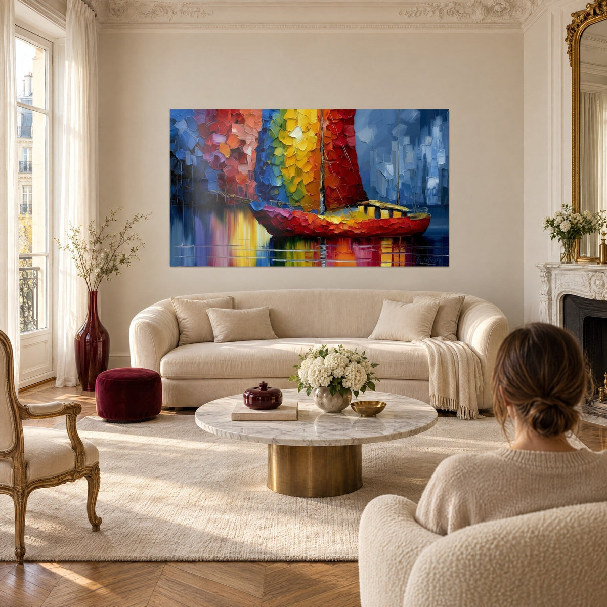 Tableau voilier rouge aux voiles arc-en-ciel, coups de couteau bleu et jaune, au-dessus d'un canapé dans un salon lumineux