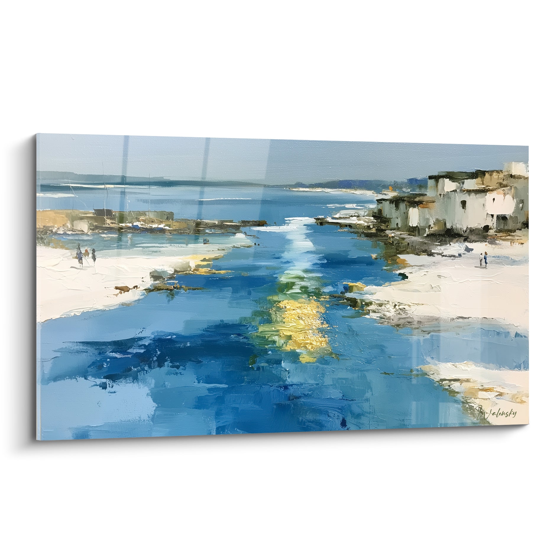 Village côtier bleu marine et doré, chenal lumineux traversant un rivage sablonneux à l'huile