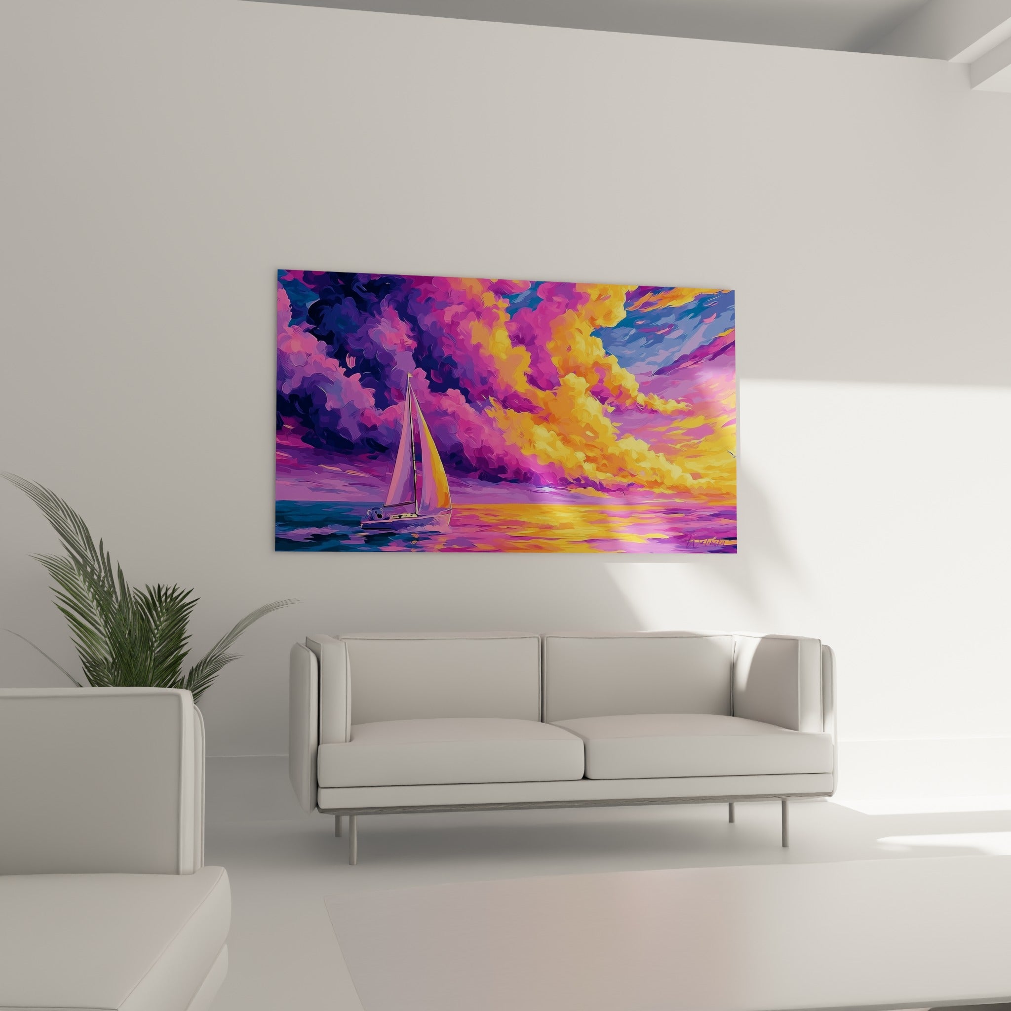 Voilier solitaire entouré de nuages orange et violets intenses, au-dessus d'un canapé dans un salon lumineux