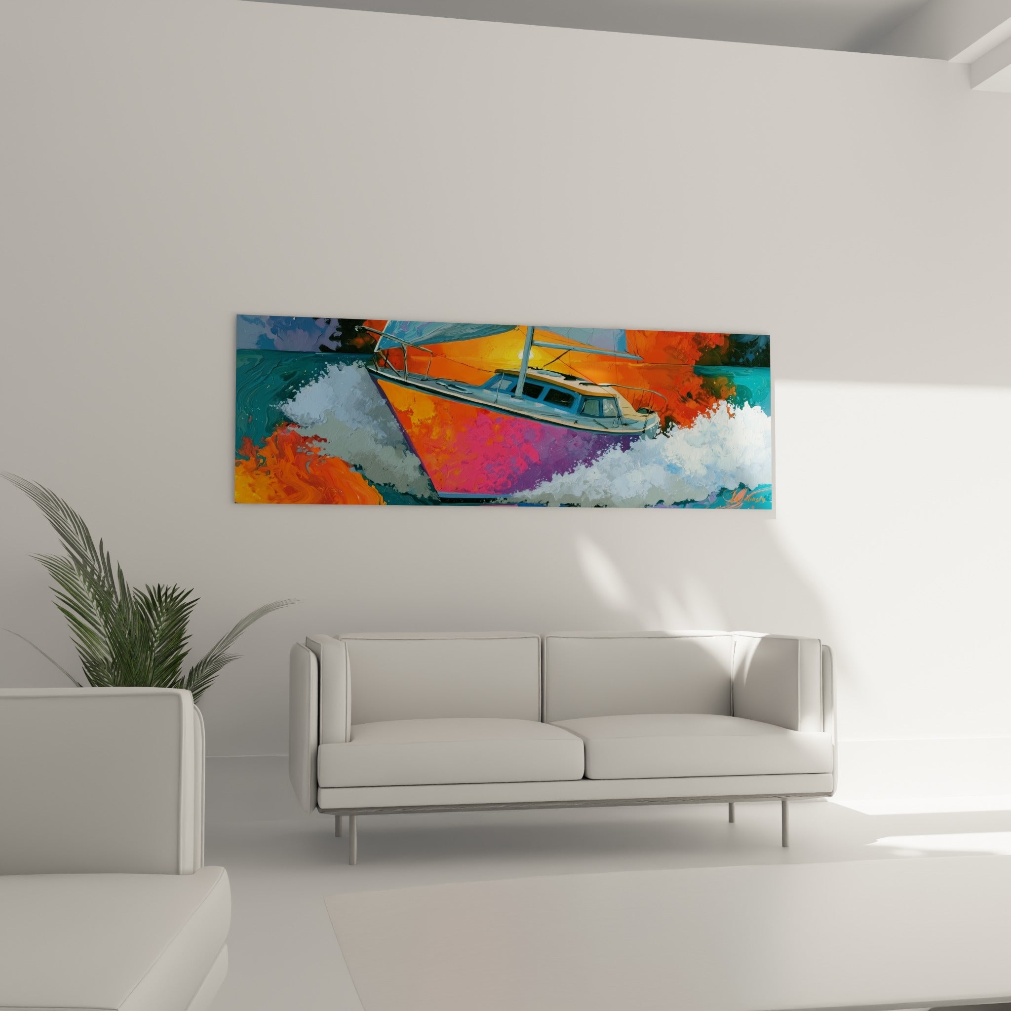 Bateau fuchsia voguant sous un ciel embrasé, tableau abstrait au-dessus d'un canapé dans un salon lumineux
