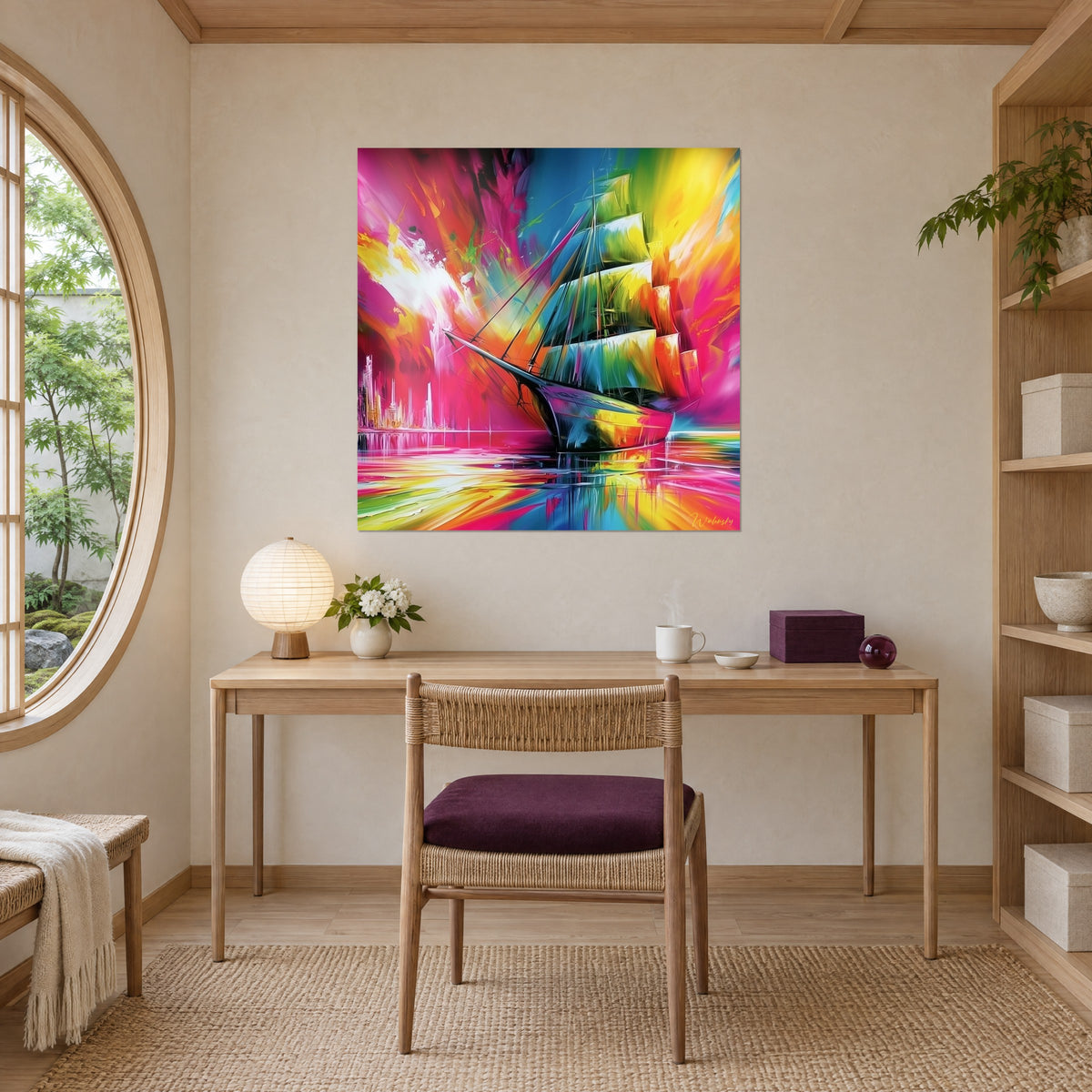 Cuadro clíper en pintura salpicada, velas amarillas y turquesa, reflejos magenta en el agua, encima de un escritorio de madera clara