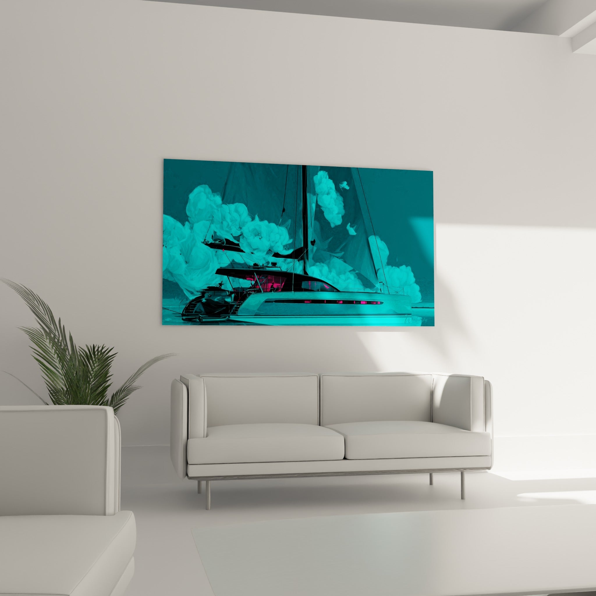 Bateau stylisé anthracite et turquoise glissant sur une eau sombre, tableau bateau abstrait au-dessus d'un canapé dans un salon lumineux