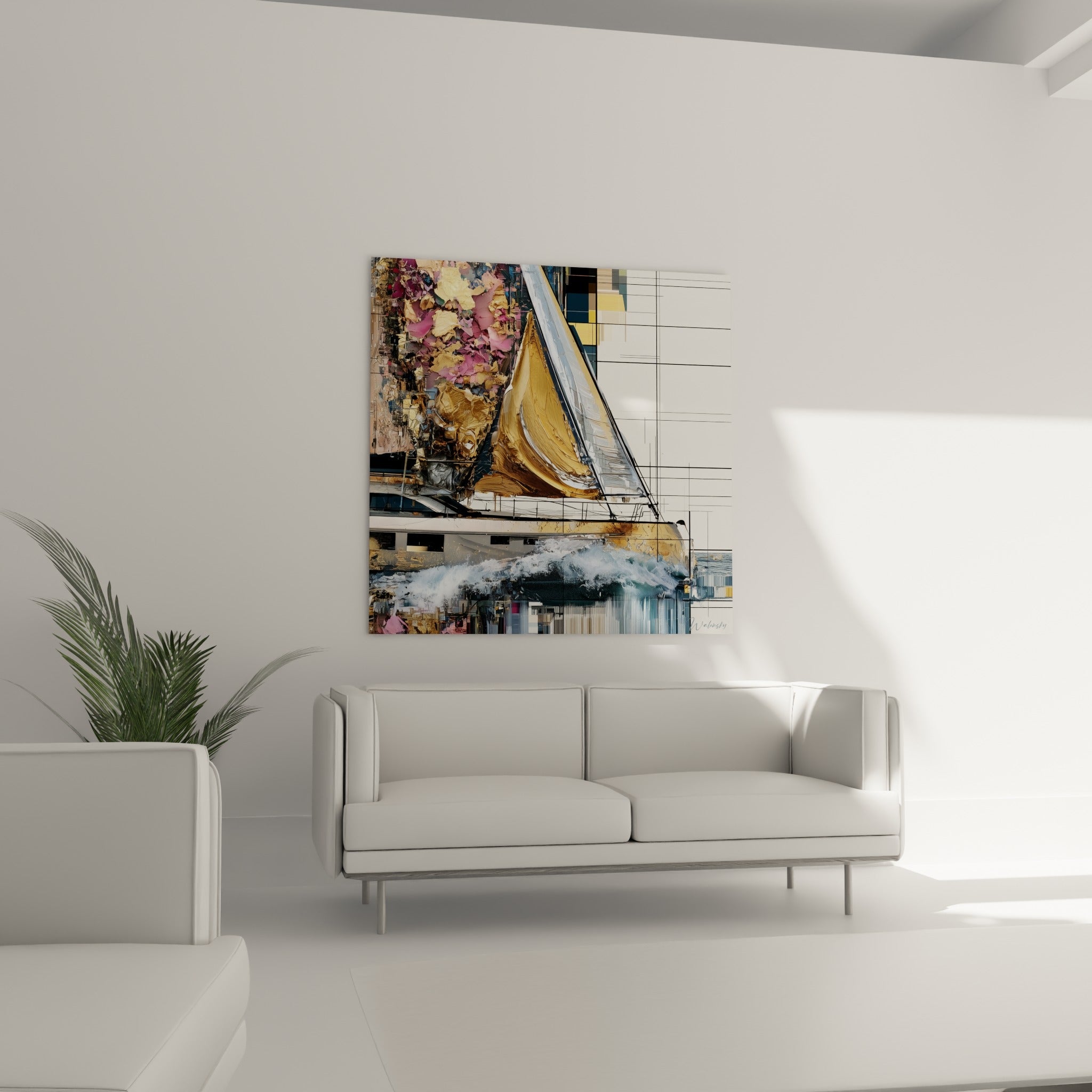 Coque anthracite et vague blanche de ce tableau bateau abstrait au-dessus d'un canapé dans un salon lumineux
