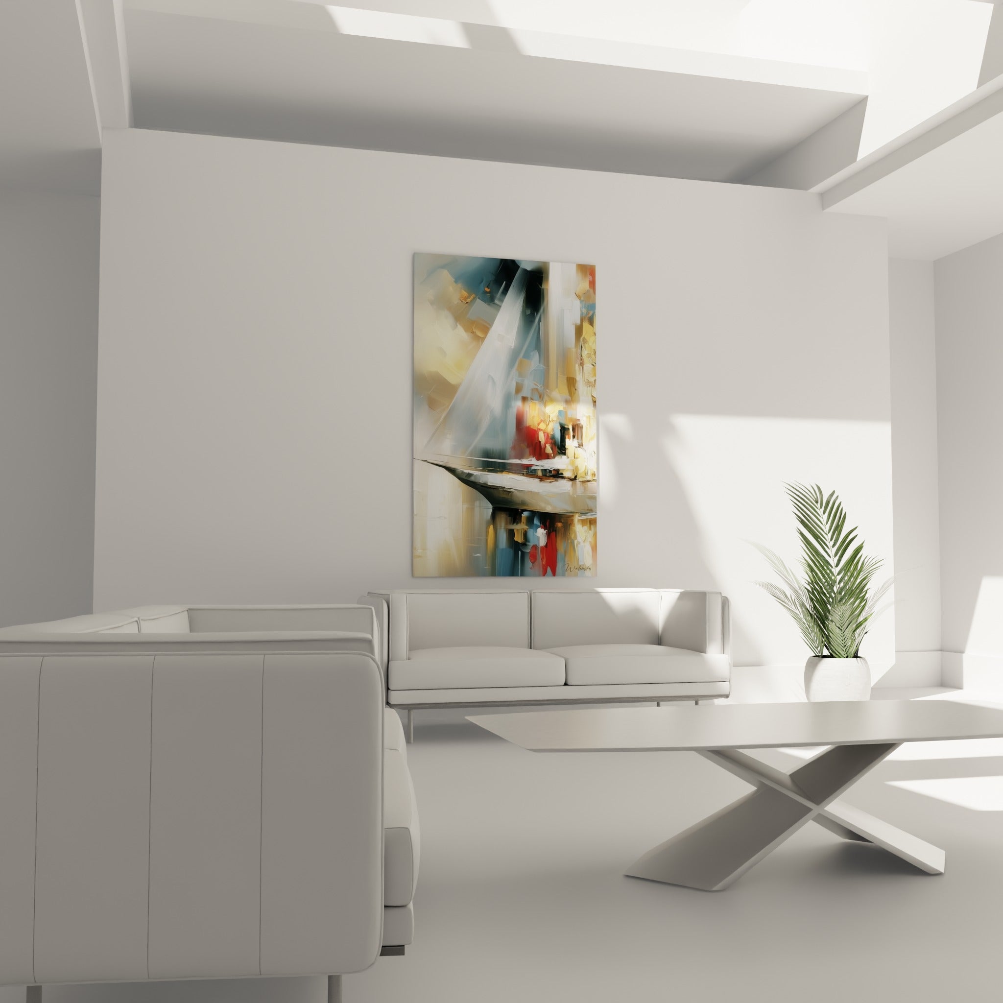 Reflets dorés et bleutés du tableau voilier abstrait au-dessus d'un canapé dans un salon lumineux