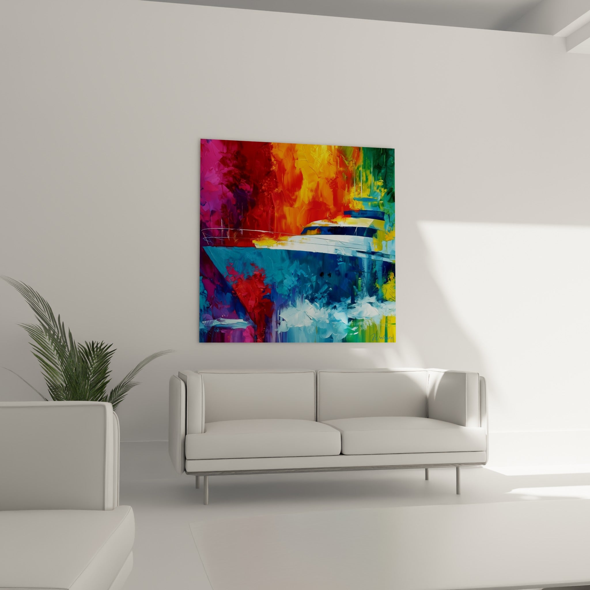 Coque blanche et bleue tranchant sur un ciel orangé, tableau bateau abstrait au-dessus d'un canapé dans un salon lumineux