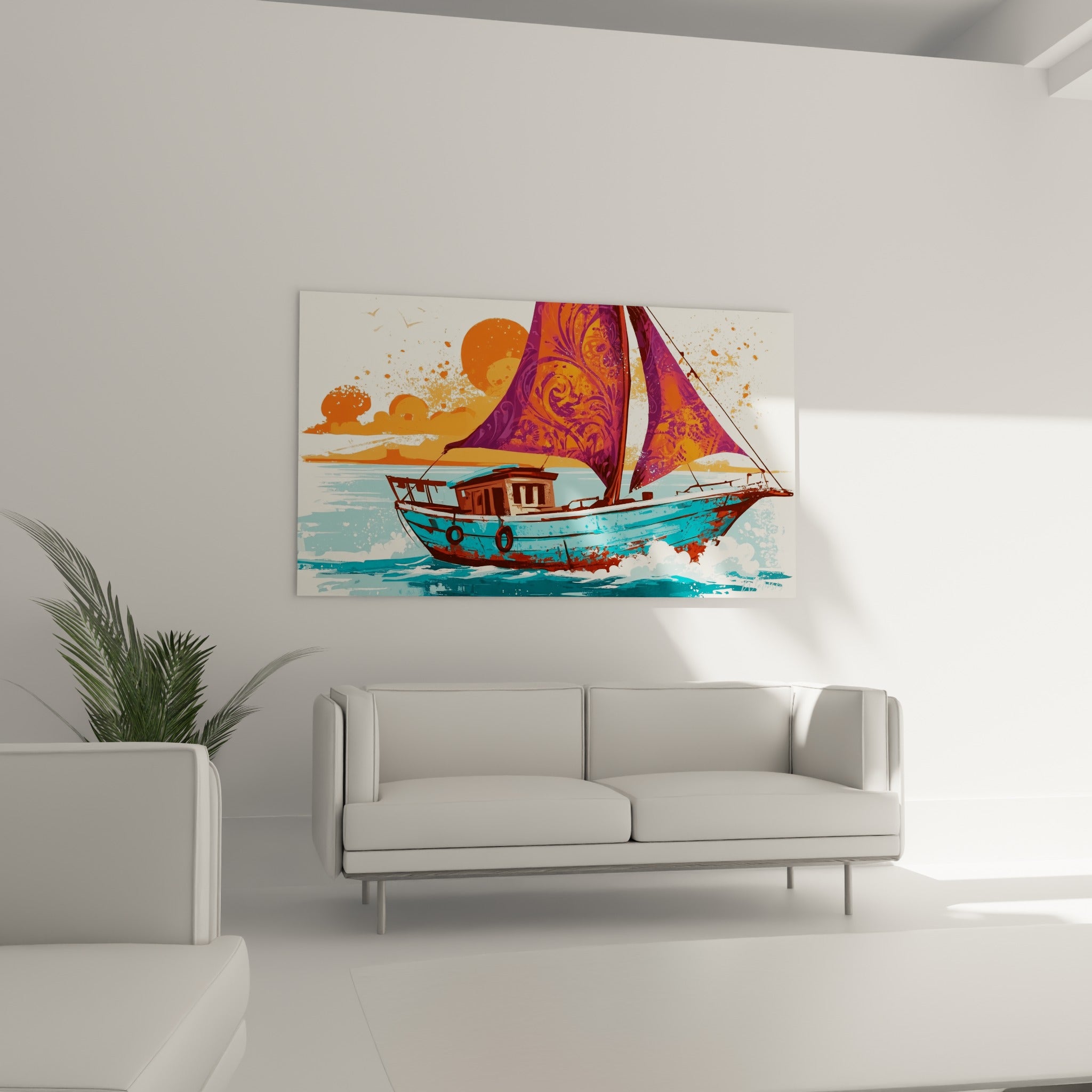 Voilier ocre et bleu marine aux voiles ornées naviguant vers un soleil orange, au-dessus d'un canapé dans un salon lumineux