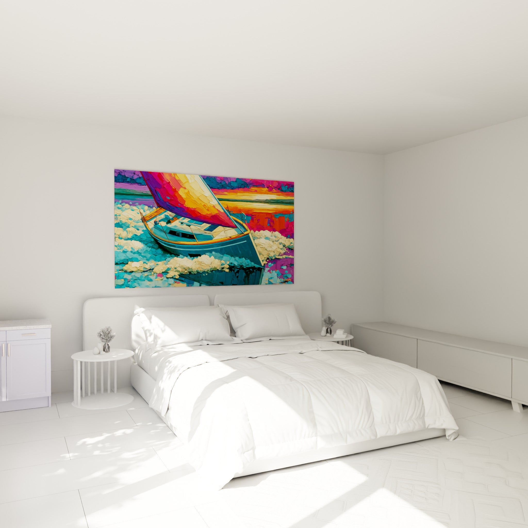 Coque bleu pétrole du bateau abstrait et voile orange incandescente au-dessus d'un lit dans une chambre claire