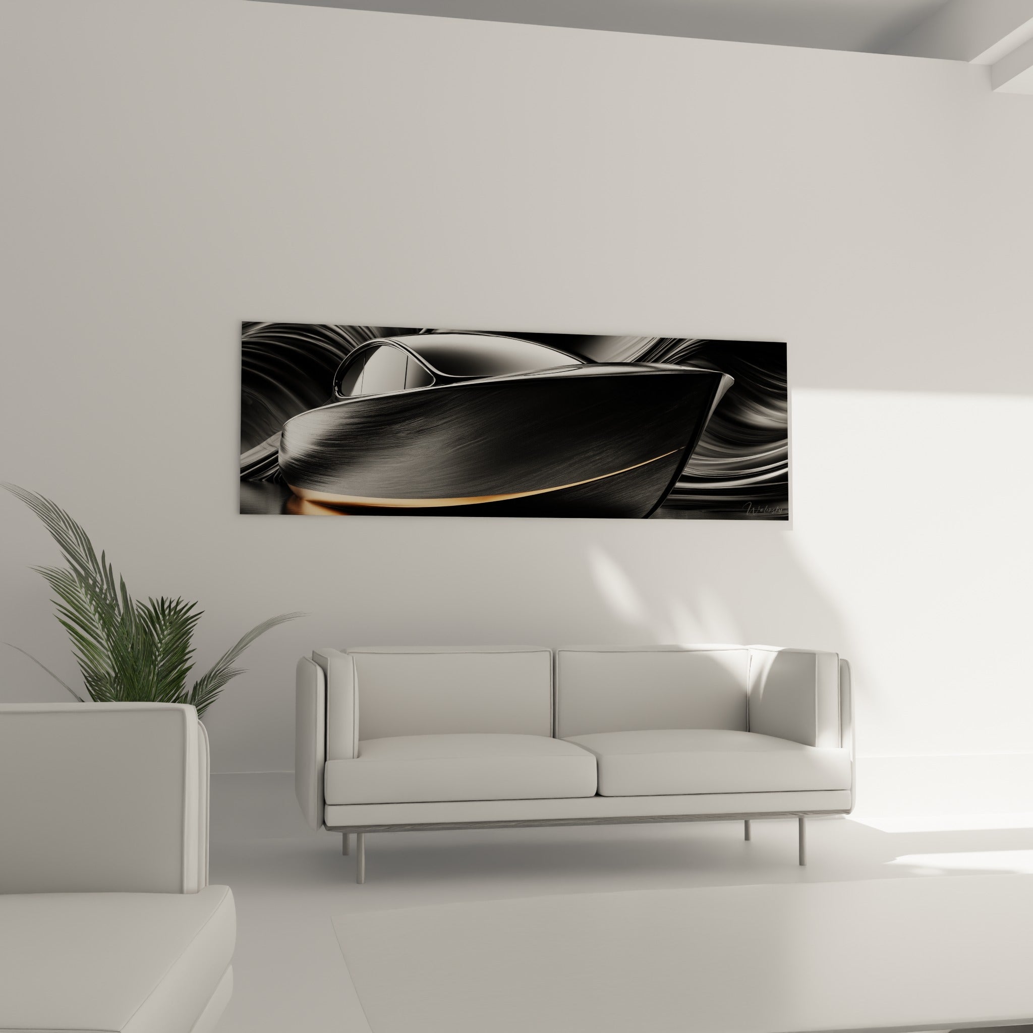 Embarcation noire aux reflets métalliques et touche dorée, au-dessus d'un canapé dans un salon lumineux