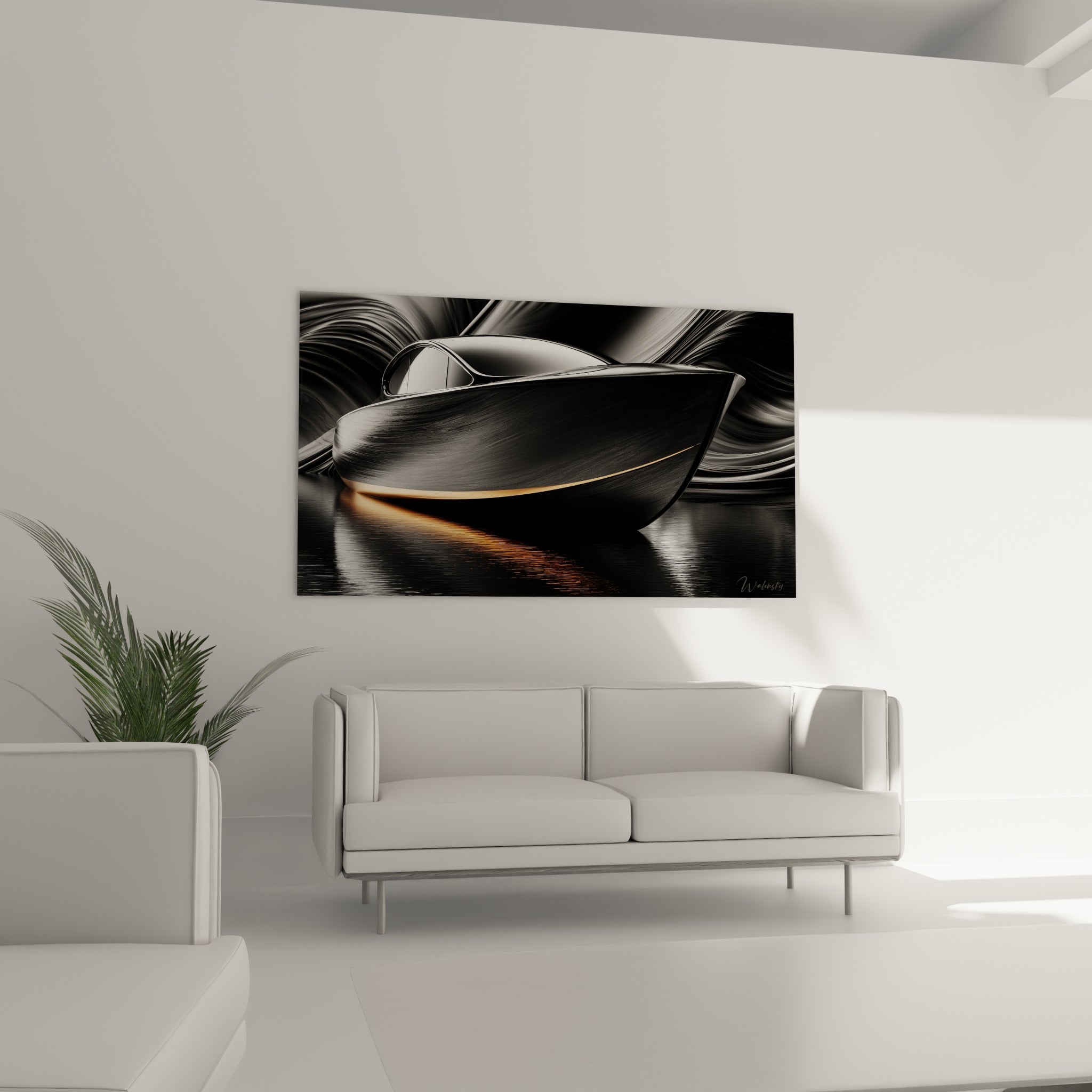 Vaisseau futuriste anthracite aux reflets ambrés accroché au-dessus d'un canapé dans un salon lumineux