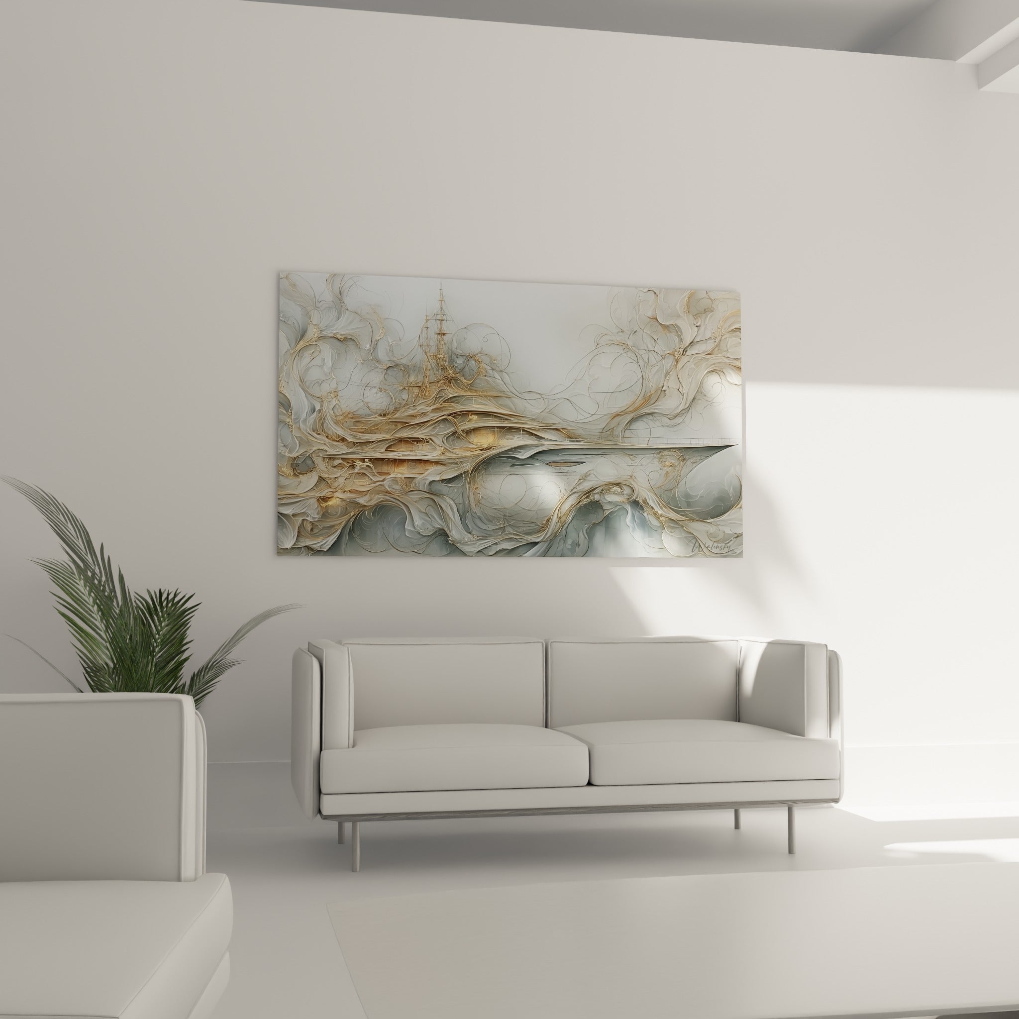 Coque dorée enveloppée d'écume argentée, tableau bateau abstrait au-dessus d'un canapé dans un salon lumineux