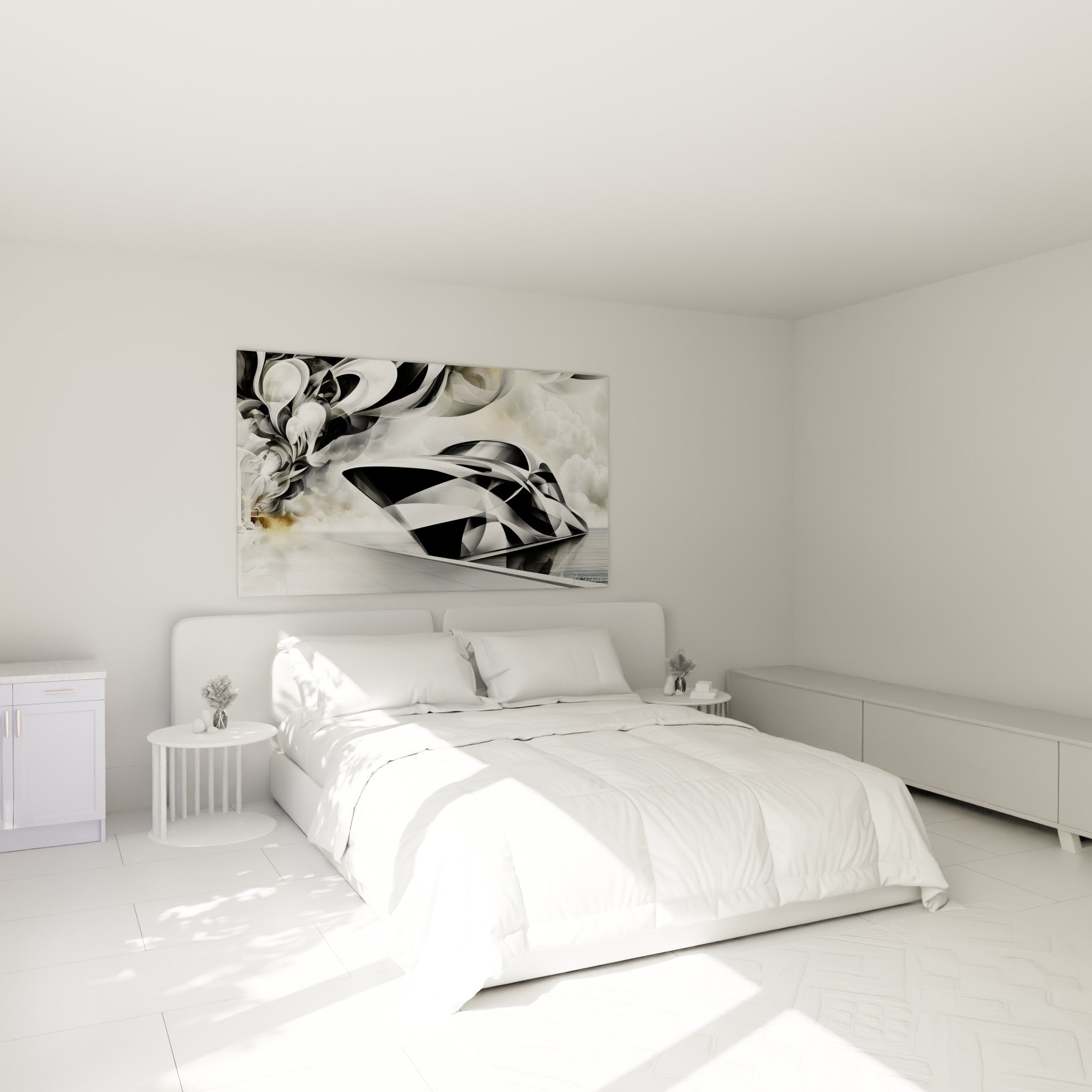 Coque anguleuse noire et blanche du yacht futuriste accrochée au-dessus d'un lit dans une chambre claire