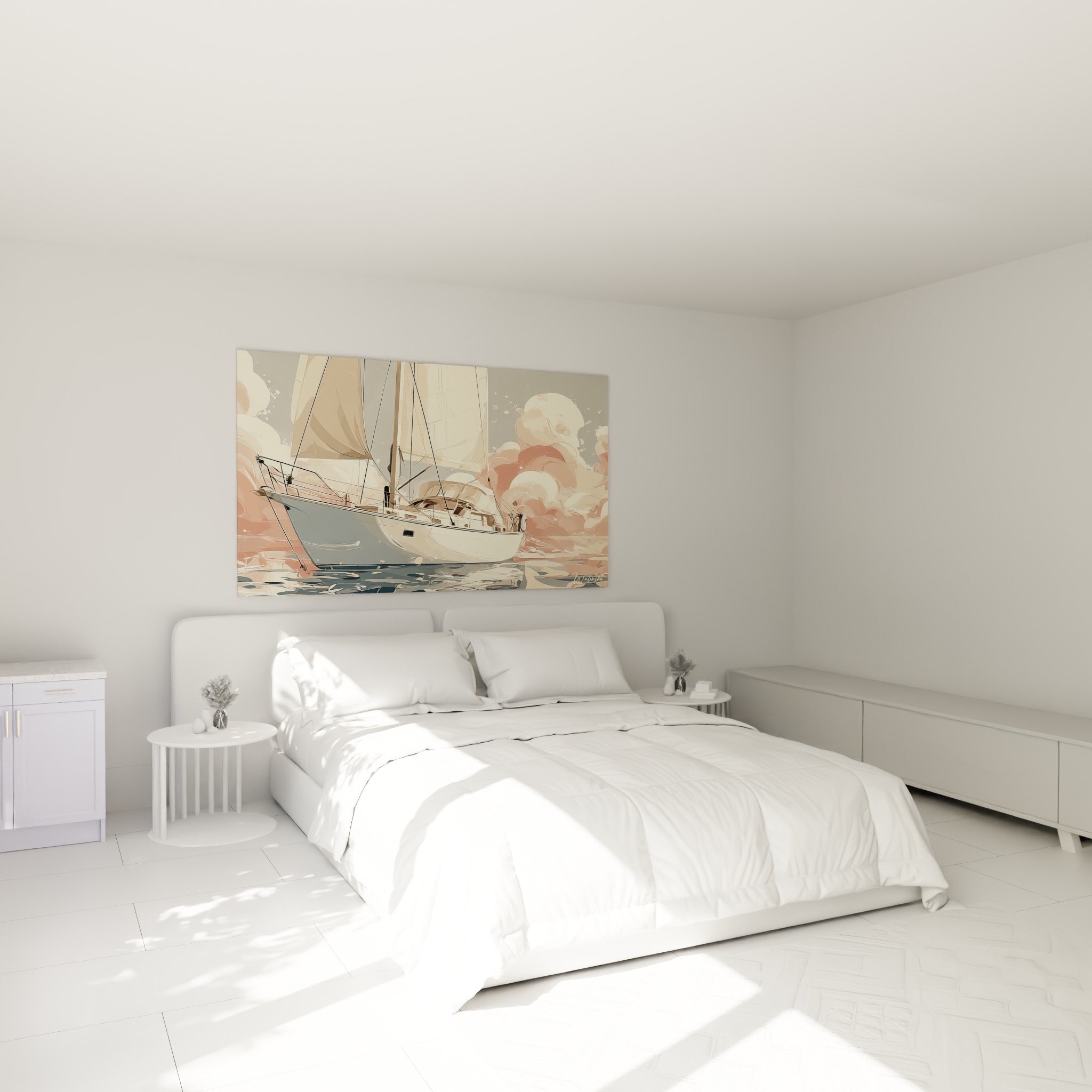 Bateau abstrait aux voiles crème et coque grise, accroché au-dessus d'un lit dans une chambre claire