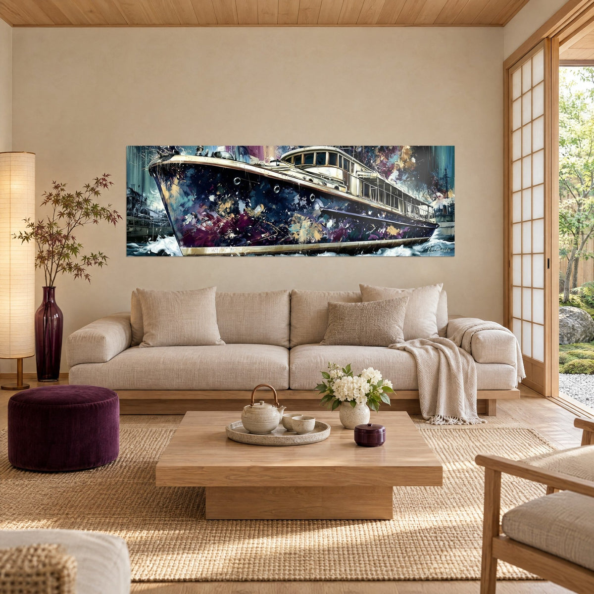 Wall art midnight-blue hull yacht splashed with purple and gold, cream glass cabin, above a sofa in a bright living room