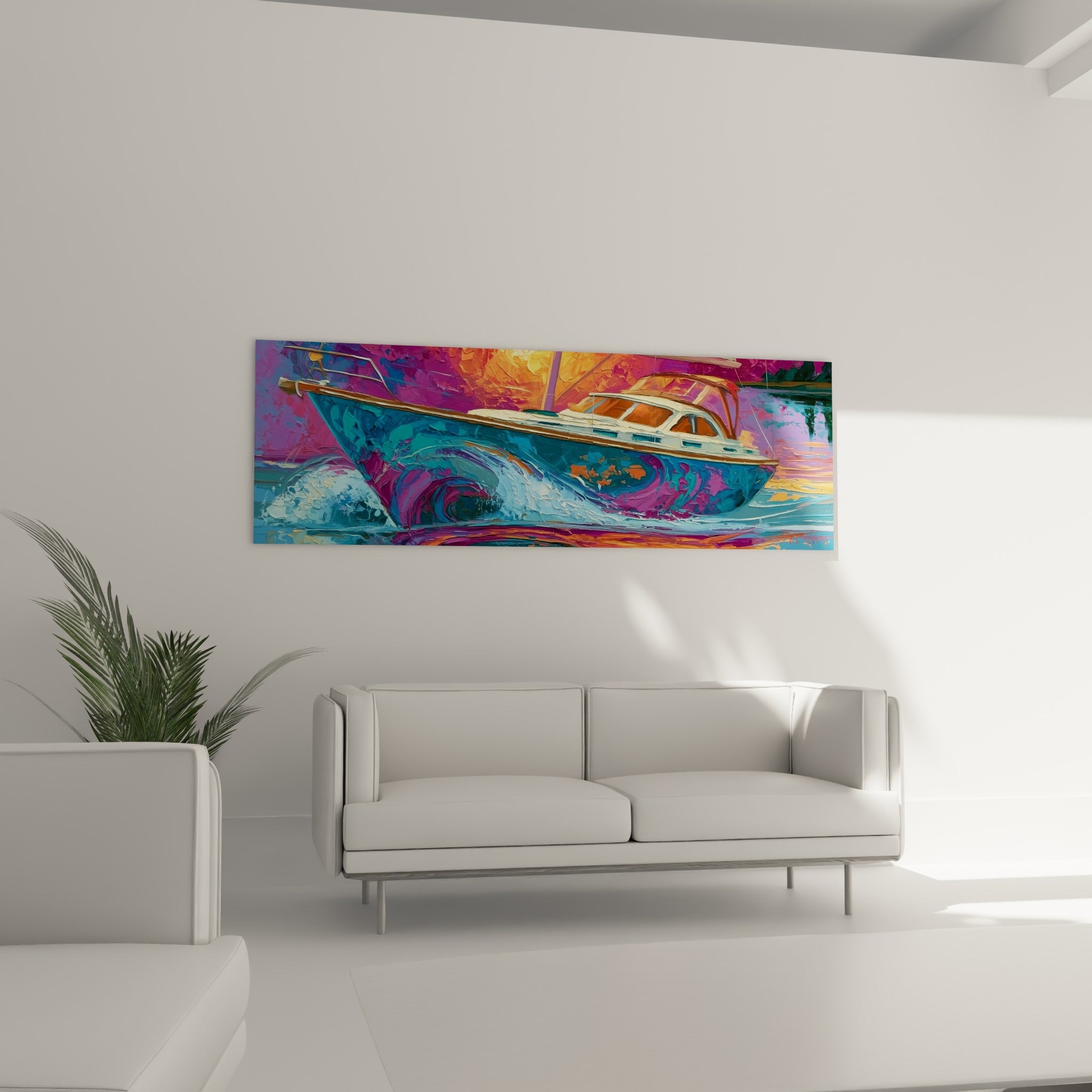 Coque ivoire et turquoise du bateau abstrait glissant sur une vague pourpre, au-dessus d'un canapé dans un salon lumineux